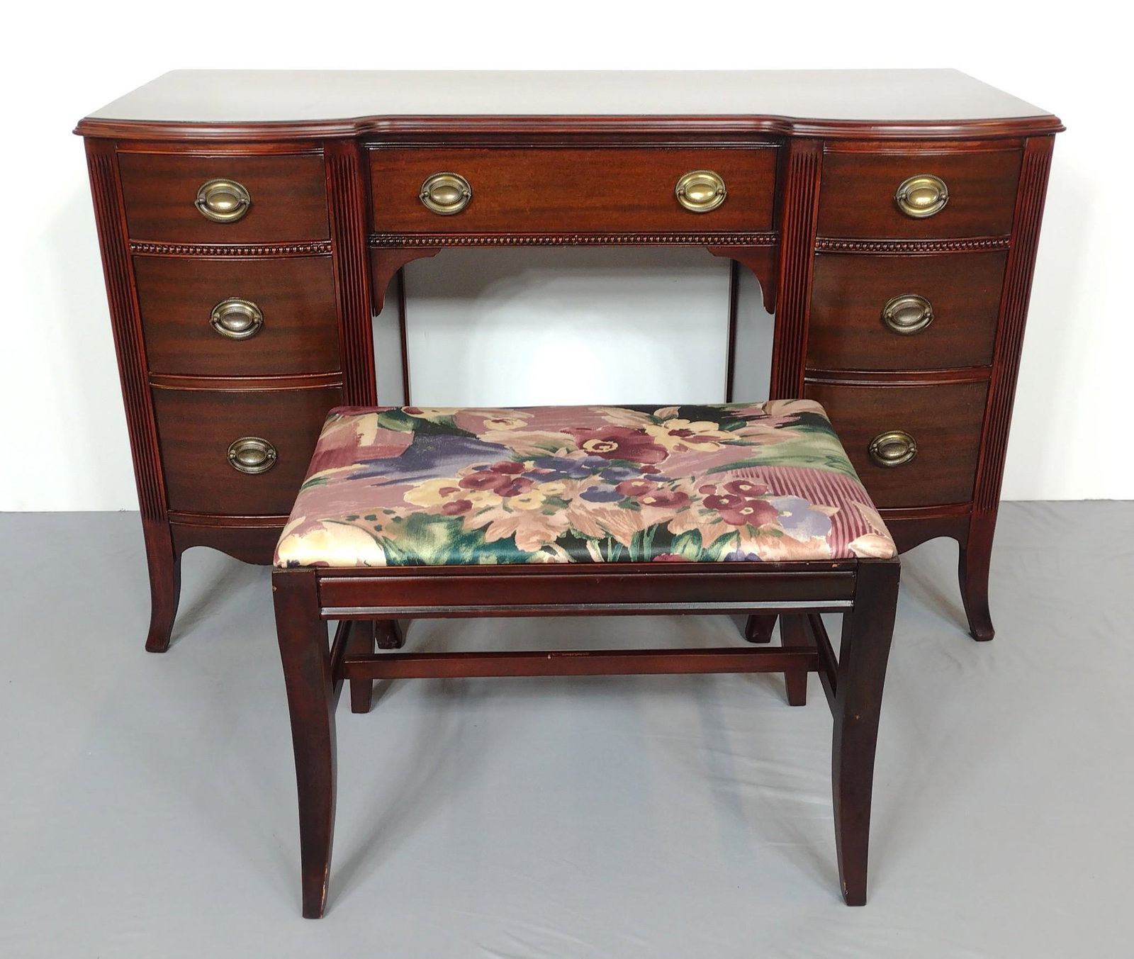 Desk With Bench: Desk 48" wide X 19" deep X 29-1/2" high. Bench 24" wide X 15" deep X 17-1/2" high. Desk top has some light scratches. No manufactures name found. MG. IMPORTANT: Before bidding, please read the terms a