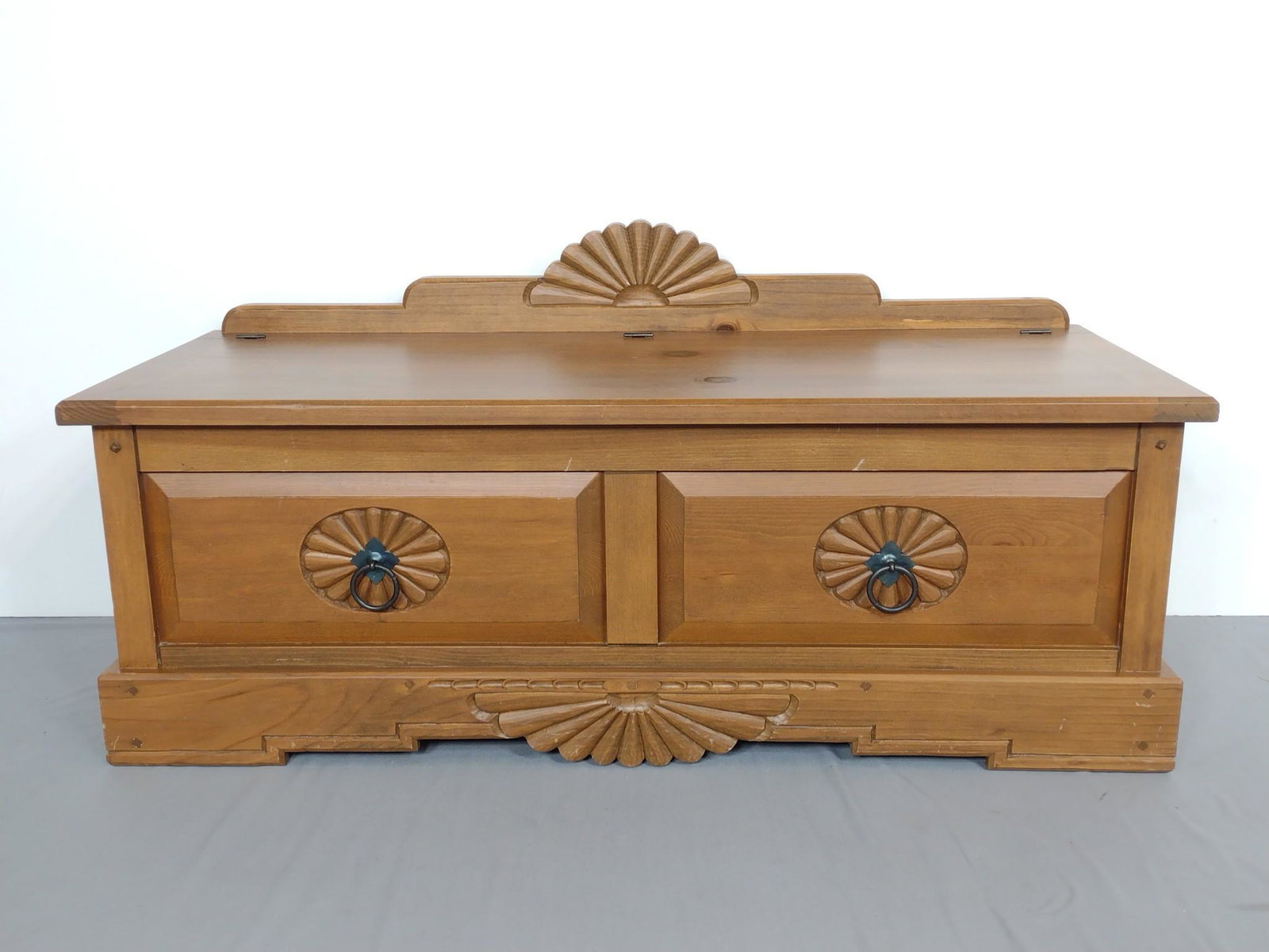 Esperanza Sunburst Blanket Chest: 48" wide X 19" deep X 24" high. Scottsdale, AZ. MG. IMPORTANT: Before bidding, please read the terms and conditions. When you registered for the auction you agreed to these terms and will be required 
