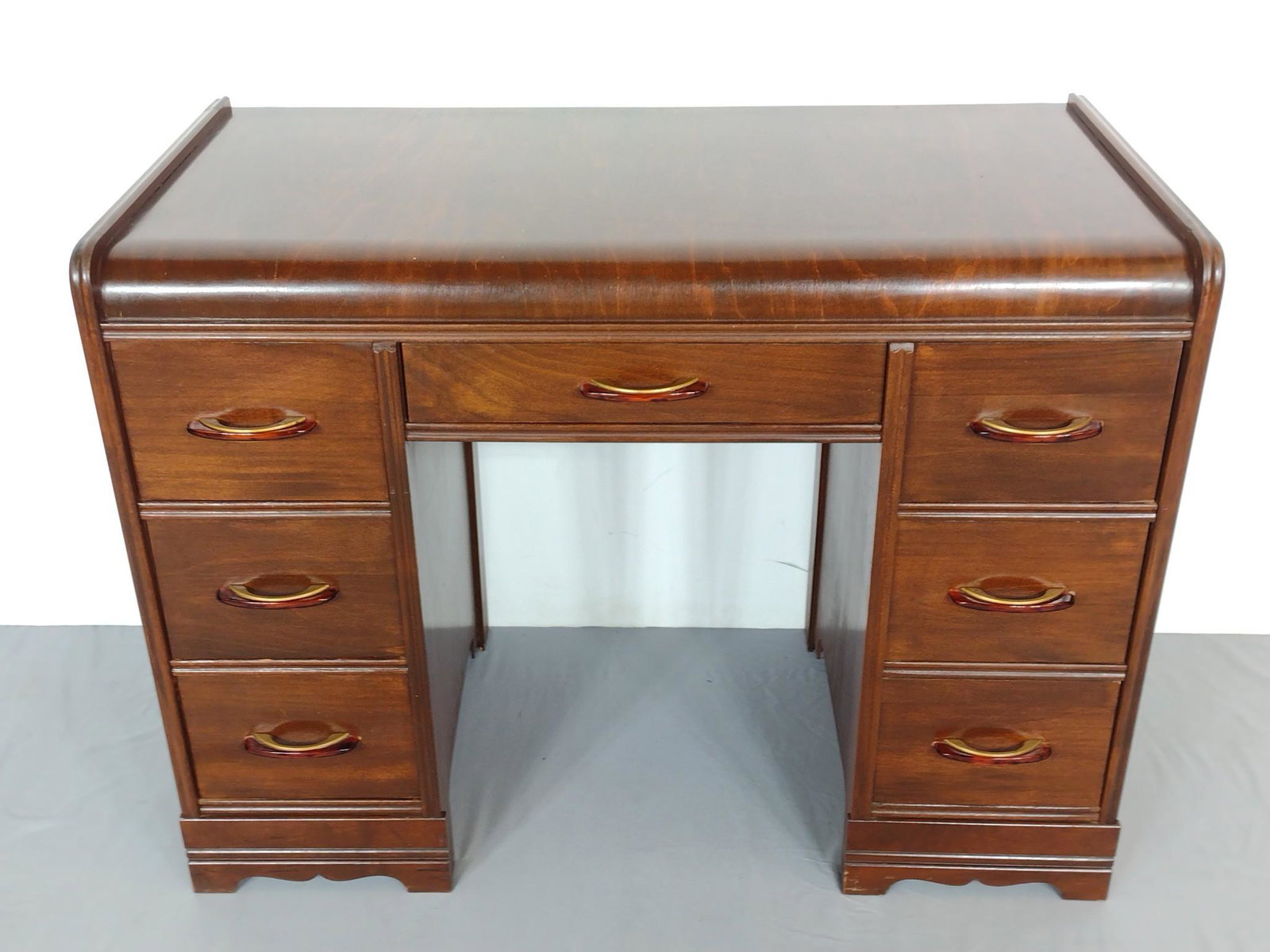 Vintage Desk With Bakelite Handles: 40" wide X 20" deep X 30" high. MG. IMPORTANT: Before bidding, please read the terms and conditions. When you registered for the auction you agreed to these terms and will be required to comply with t