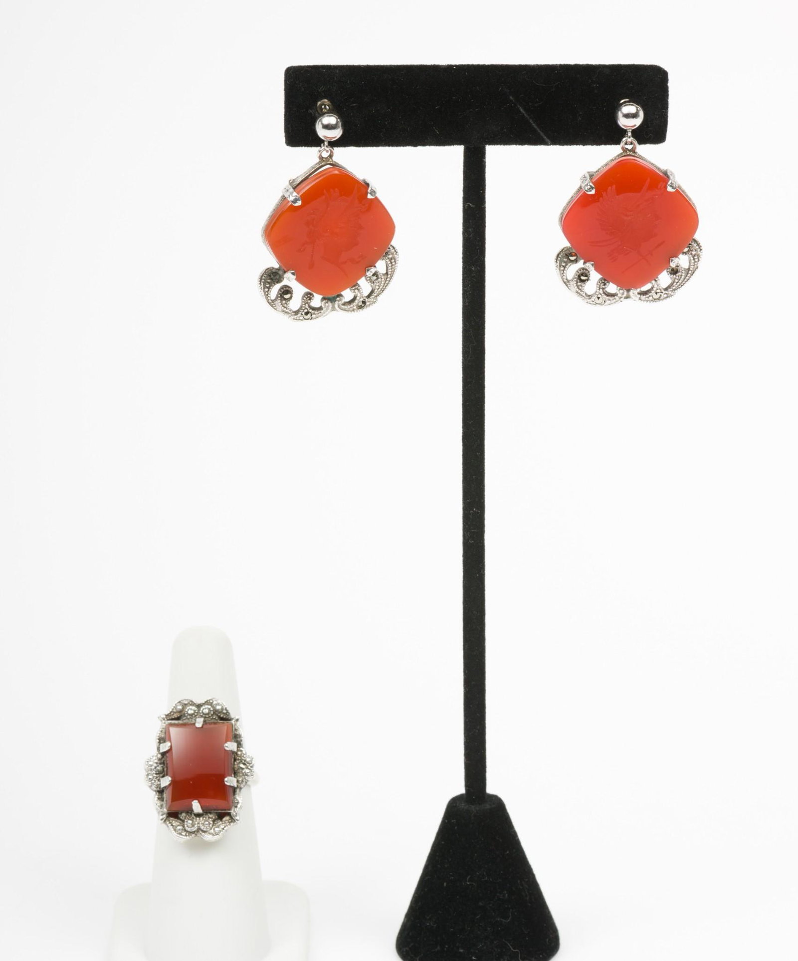 Vintage Sterling Marcasite and Carnelian Ring and Earrings: Ring size 5 1/2. Earrings 1 1/8". IMPORTANT: Before bidding, please read the terms and conditions. When you registered for the auction you agreed to these terms and will be required to comply with the
