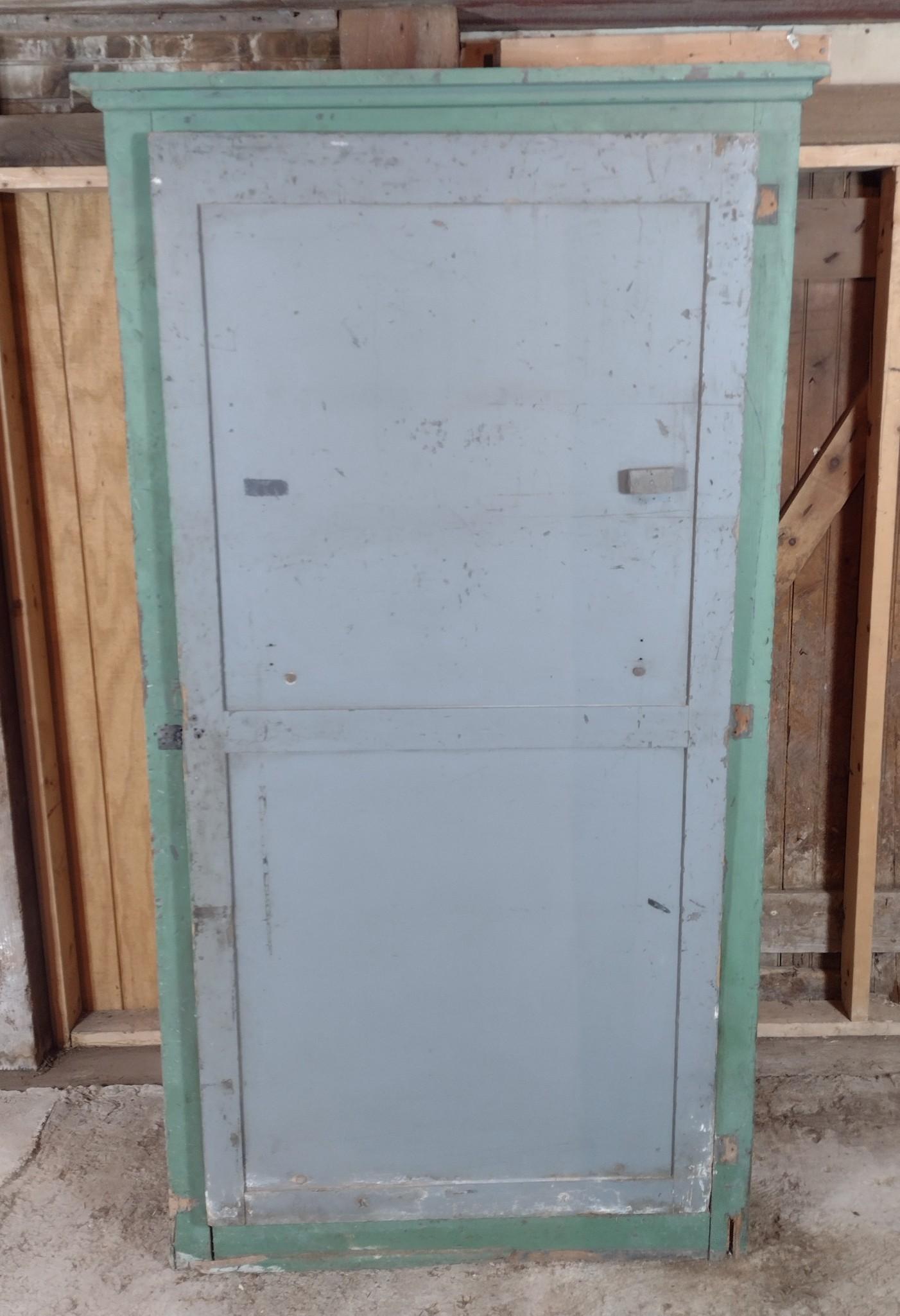 Country Cabinet: 39-1/2" wide X 29-1/2" deep X 73" high. Has scratches and discoloring. Door hinges are missing. MG. IMPORTANT: Before bidding, please read the terms and conditions. When you registered for the auction