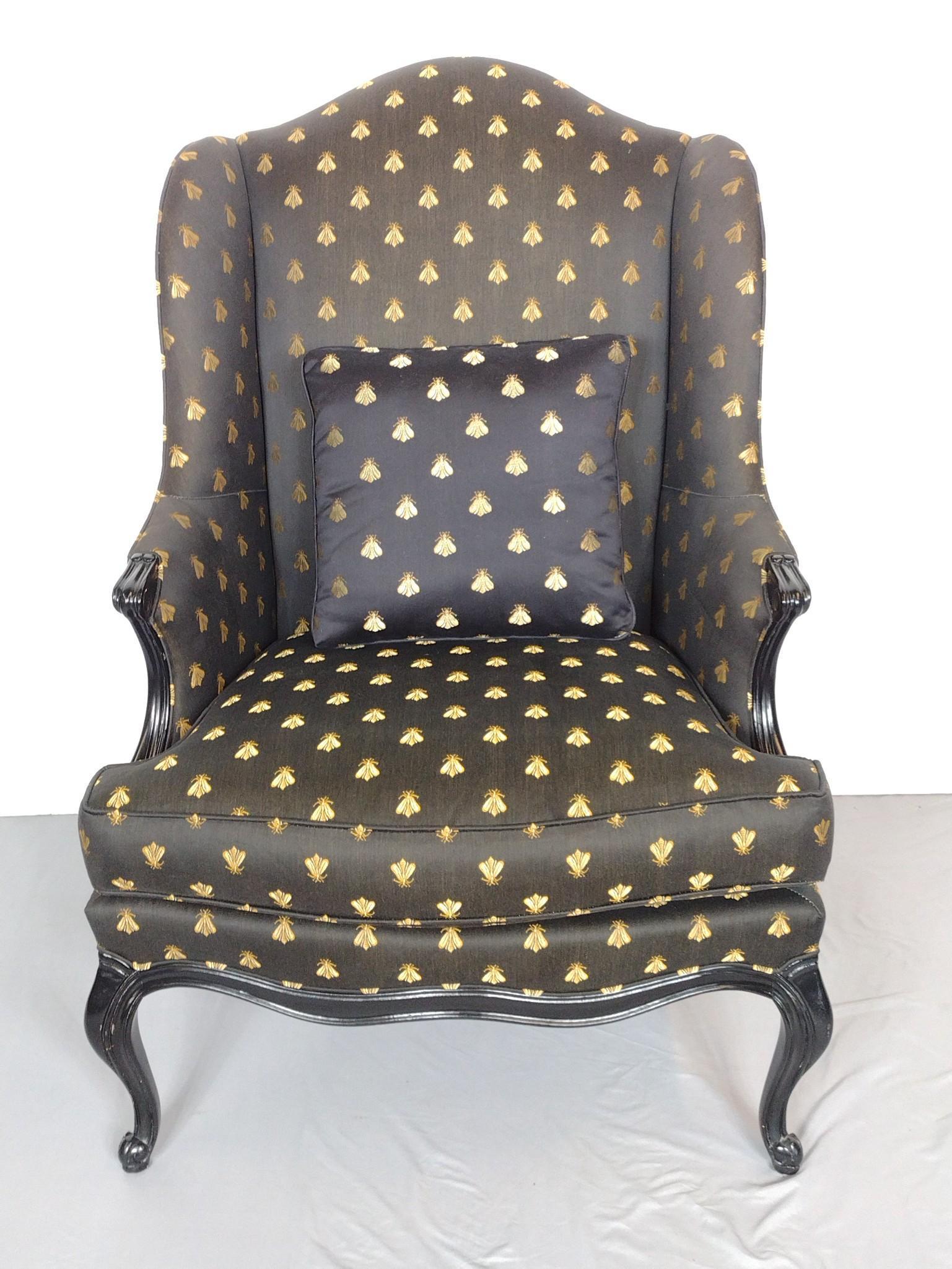 Hickory Chair Wingback With Black & Gold Bumblebee Upholstery: 31" wide X 28" deep X 44-1/2" high. MG. IMPORTANT: Before bidding, please read the terms and conditions. When you registered for the auction you agreed to these terms and will be required to comply wi