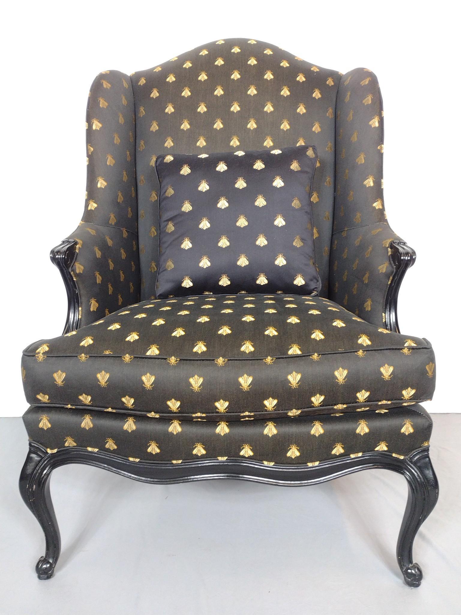 Hickory Chair Wingback With Black & Gold Bumblebee Upholstery: 31" wide X 28" deep X 44-1/2" high. MG. IMPORTANT: Before bidding, please read the terms and conditions. When you registered for the auction you agreed to these terms and will be required to comply wi