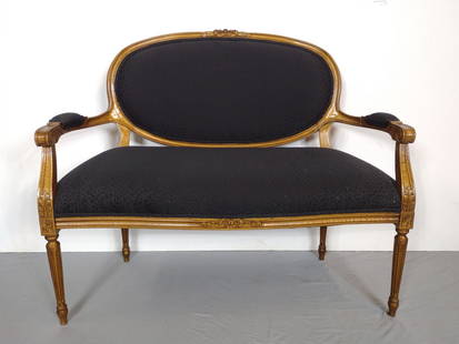 Henredon Louis XVI Style Settee With Black Upholstery: 46-1/2" wide X 17-1/2" deep X 38" high. MG. IMPORTANT: Before bidding, please read the terms and conditions. When you registered for the auction you agreed to these terms and will be required to