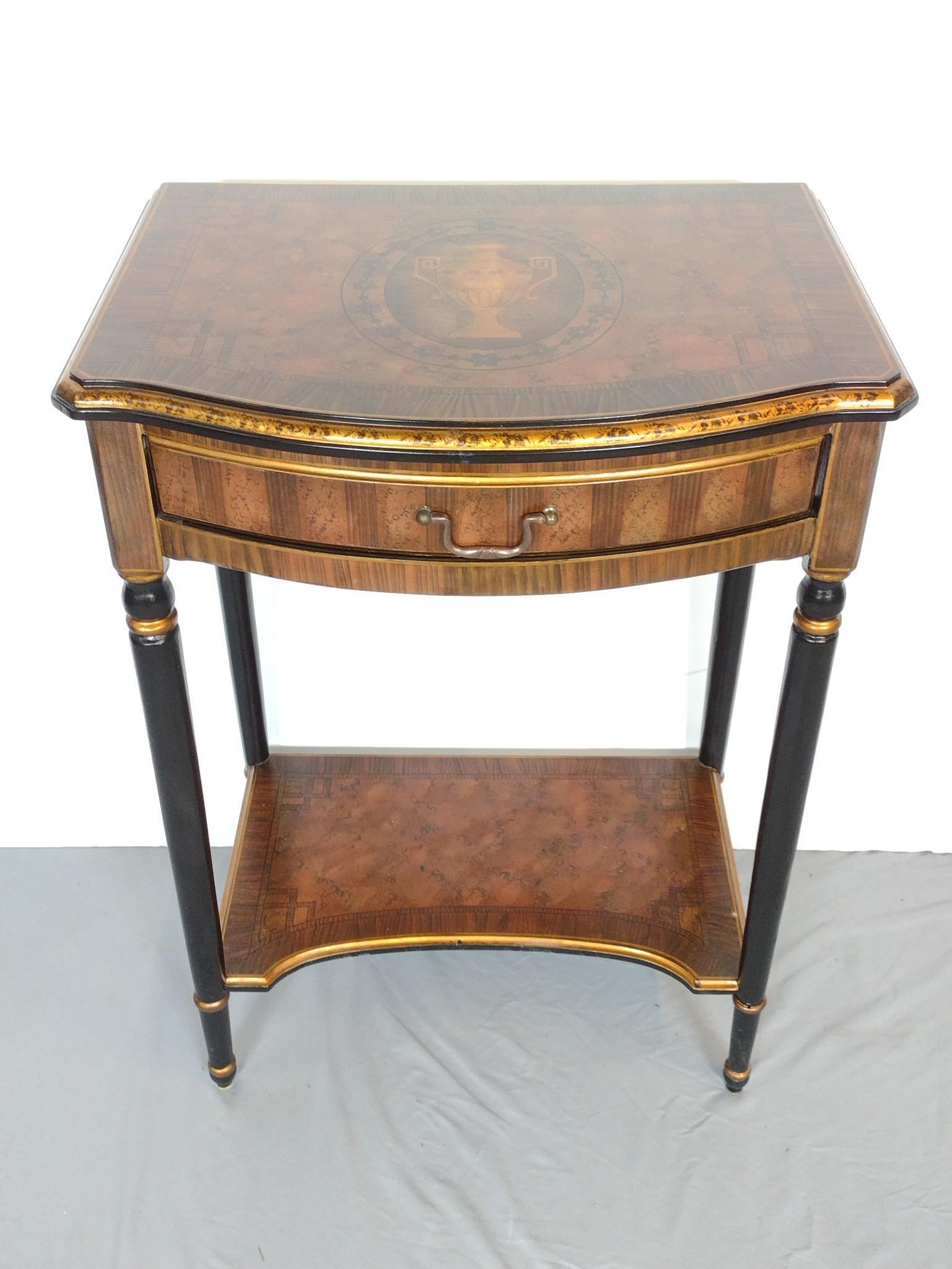 Bow Front Single Drawer Hall Table: 20" wide X 16" deep X 30" high. No manufactures name found. MG. IMPORTANT: Before bidding, please read the terms and conditions. When you registered for the auction you agreed to these terms and will 