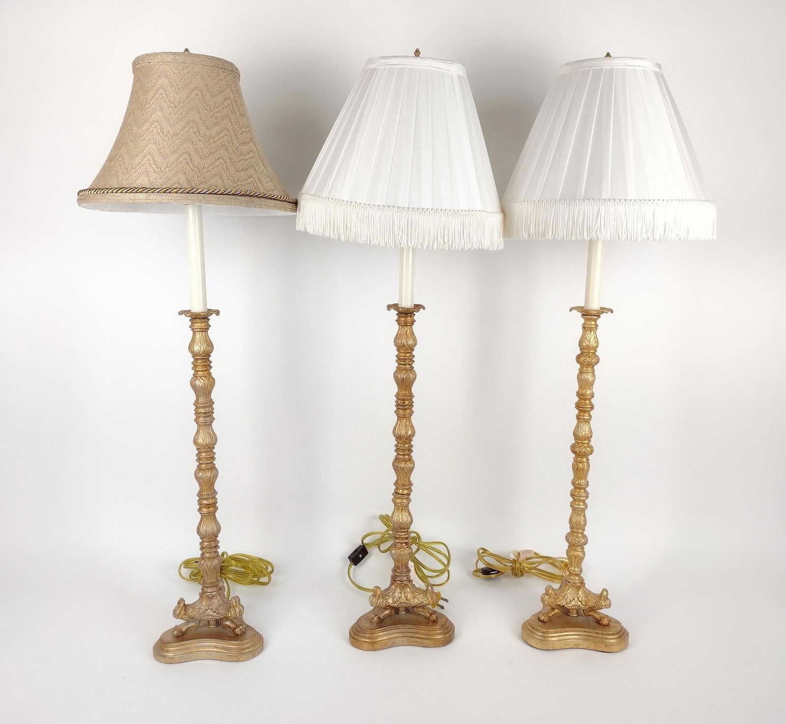 3 Frederick Cooper Candlestick Lamps: Working. With shades: 11" diameter X 23-1/2" to 34" high. MEG IMPORTANT: Before bidding, please read the terms and conditions. When you registered for the auction you agreed to these terms and will be