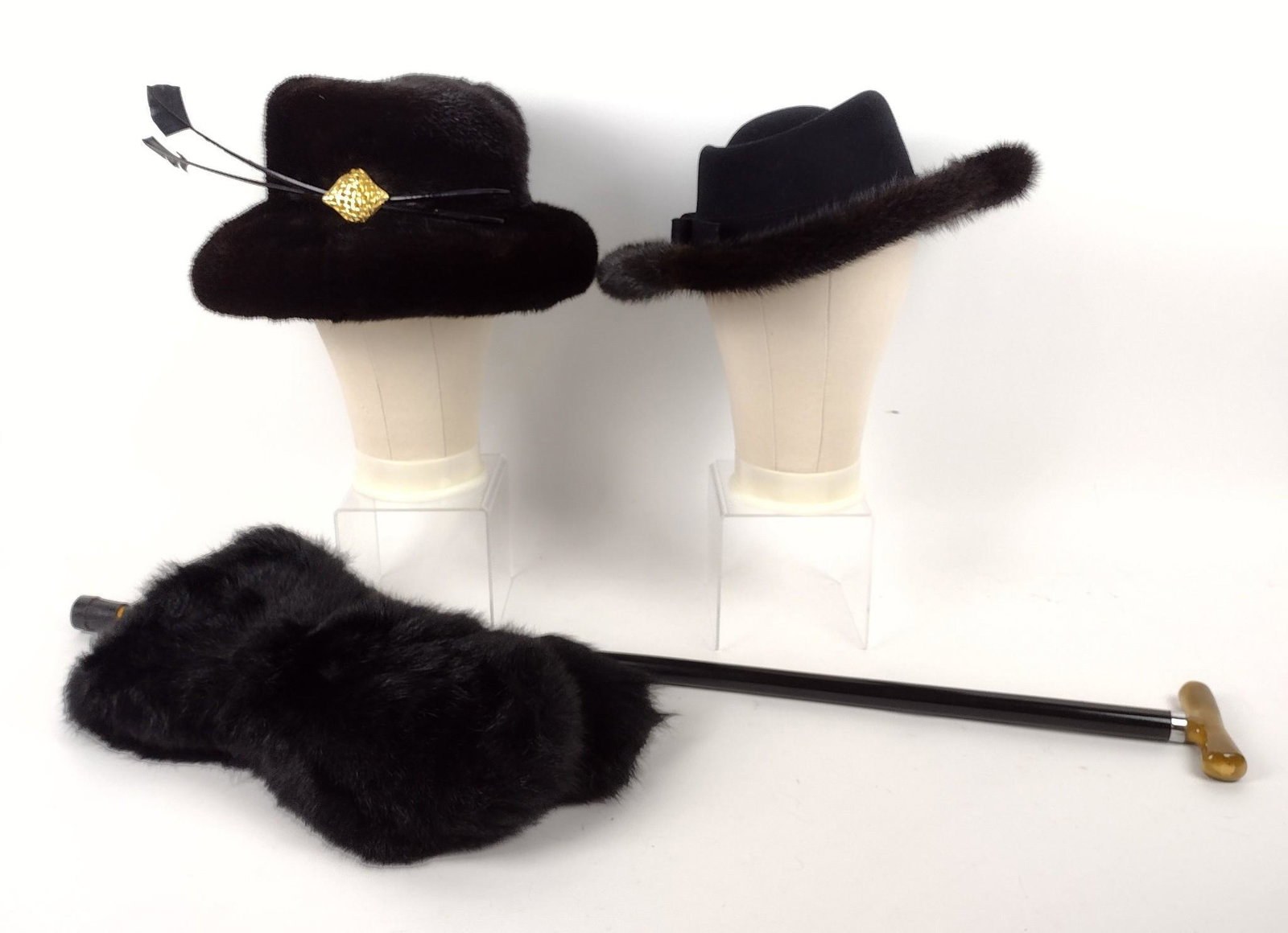 2 Beaver Fur Hats, Pair Beaver Fur Gloves, and Cane (1 of 15)