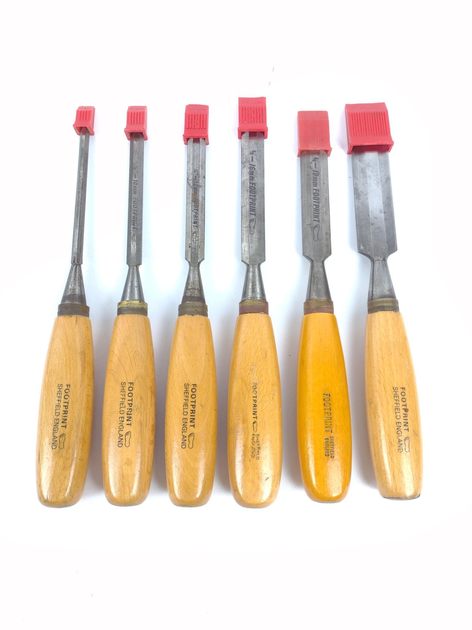 6 Footprint Sheffield England Hand Chisels: 10mm, 12mm, 16mmâ€‹â€‹â€‹â€‹â€‹, 19mm, and two unknown sizes. All have wear but in good shape. MG. IMPORTANT: Before bidding, please read the terms and conditions. When you re