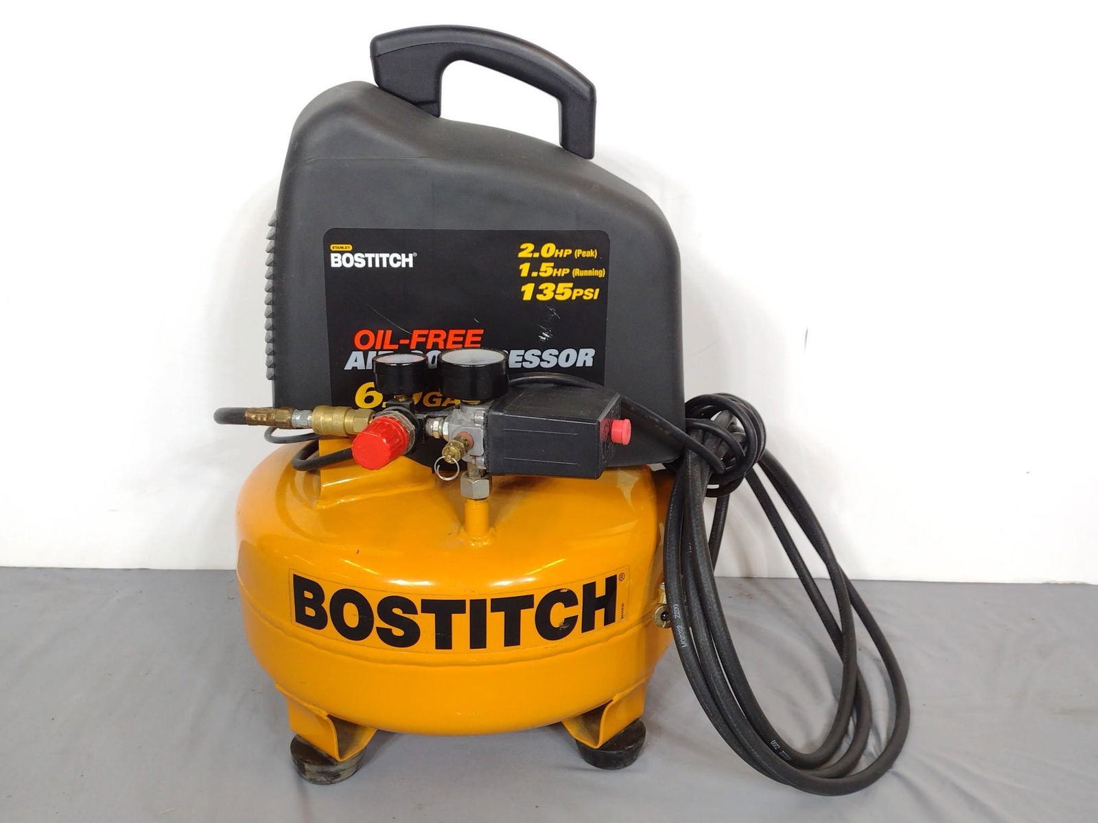 Bostitch 2.0HP Air Compressor: Model CAP 2060PPK. 6gal. Working. 15" diameter X 24" high. MG. IMPORTANT: Before bidding, please read the terms and conditions. When you registered for the auction you agreed to these terms and will b