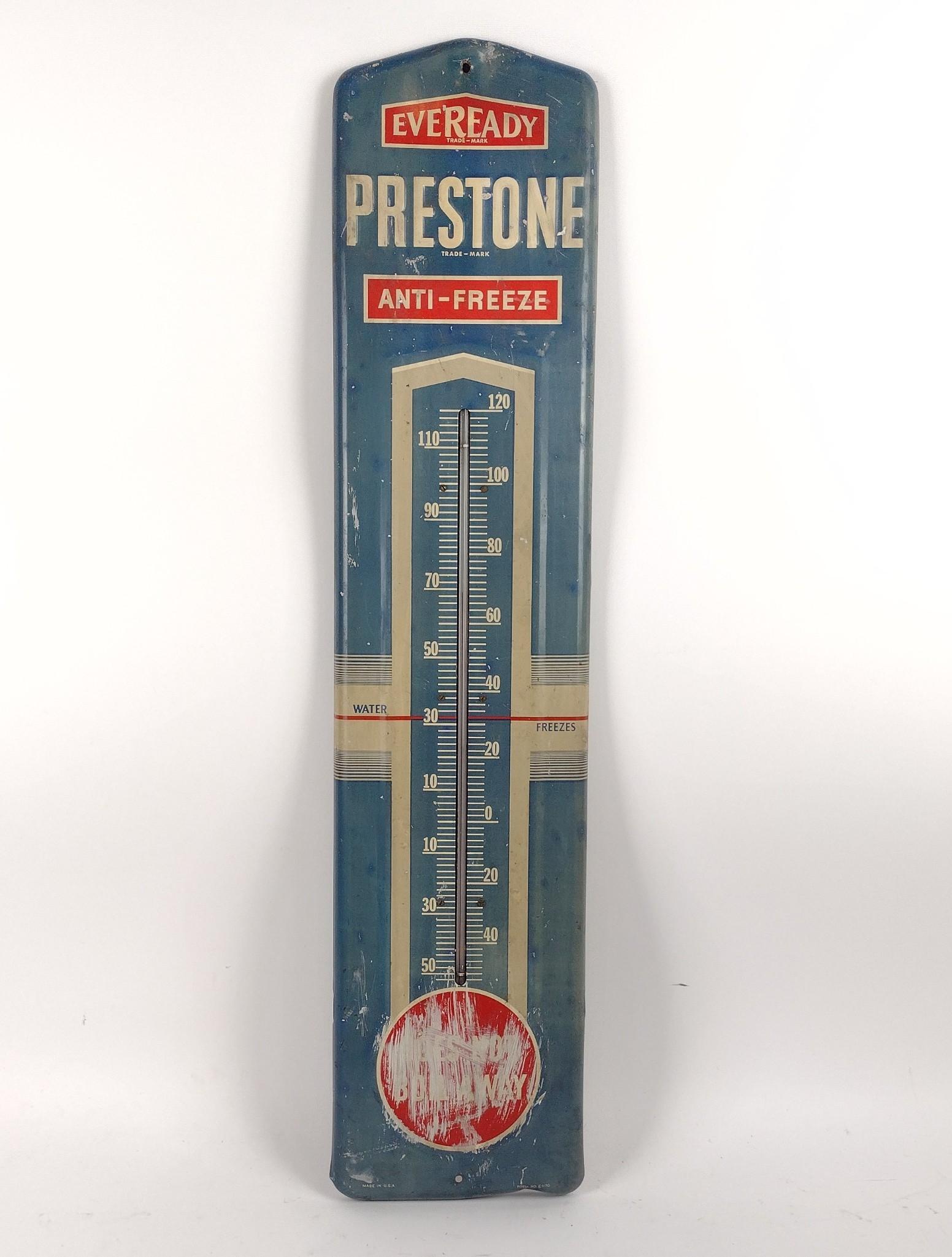 Eveready Prestone Thermometer: Appears to have white paint that chips away. 8" wide X 36" high. MEG IMPORTANT: Before bidding, please read the terms and conditions. When you registered for the auction you agreed to these terms and