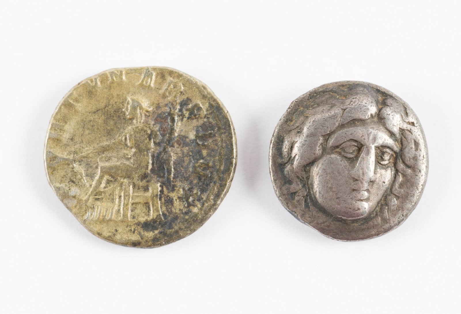 Rhodes Silver Didrachm And Gordian III Roman Coin: Includes Islands off Caria, Rhodes. C. 305-275 BC silver didrachm to obverse and head of Helois to reverse a plant. Also includes C. 238-44 AD Coin of Roman Emperor Gordian III with portrait to o