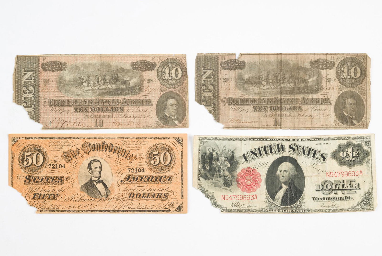 4 US Bank Notes Incl Confederate, Large (1 of 2)