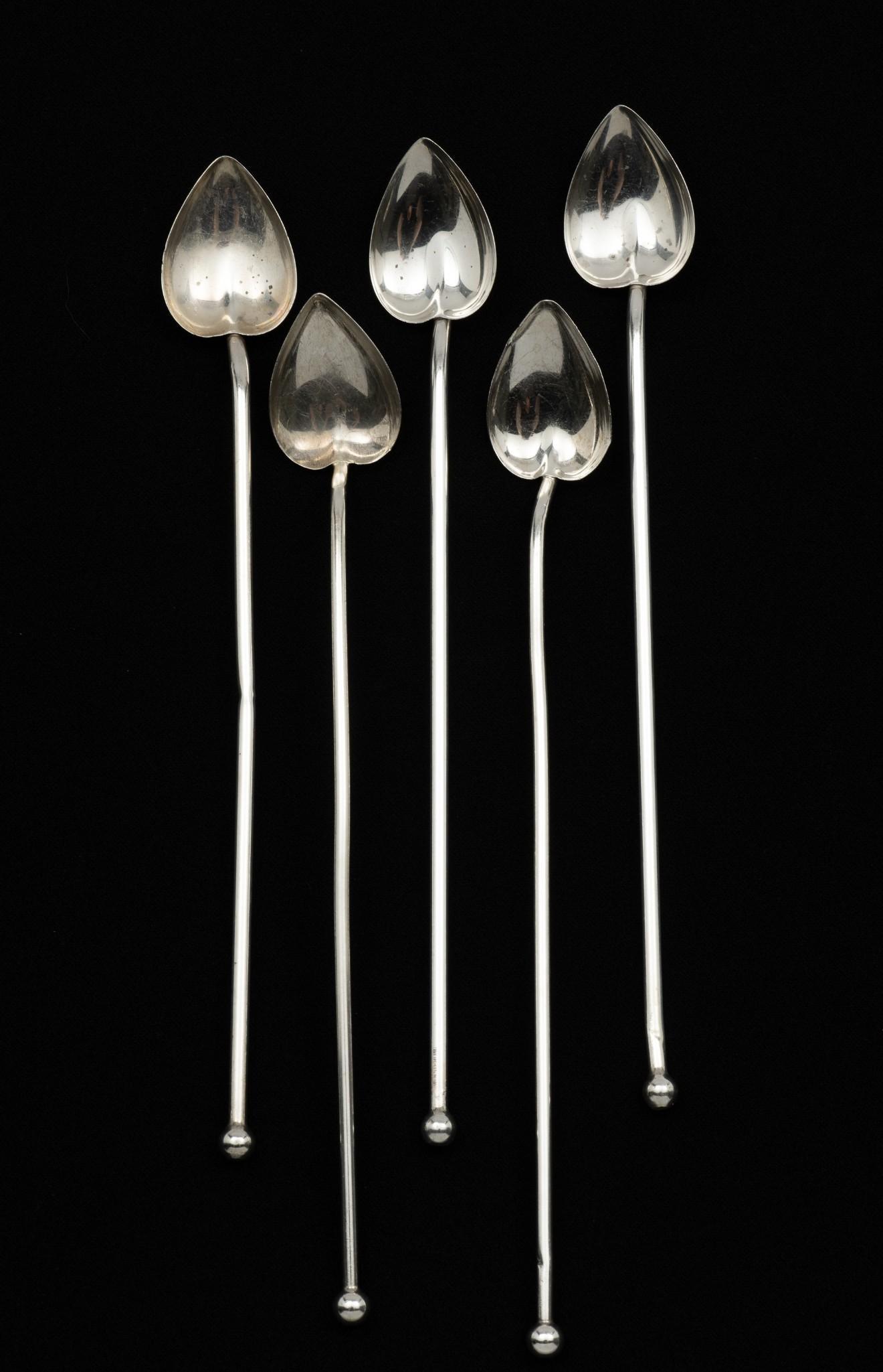 5 Sterling Tea Sippers Incl Web: Includes three Web and two Watson sterling tea sippers. 7-3/4" to 8-1/8" long. 1.6 total ozt. Slight indentation at bowl and top of handle to one Watson. DP. IMPORTANT: Before bidding, please read the