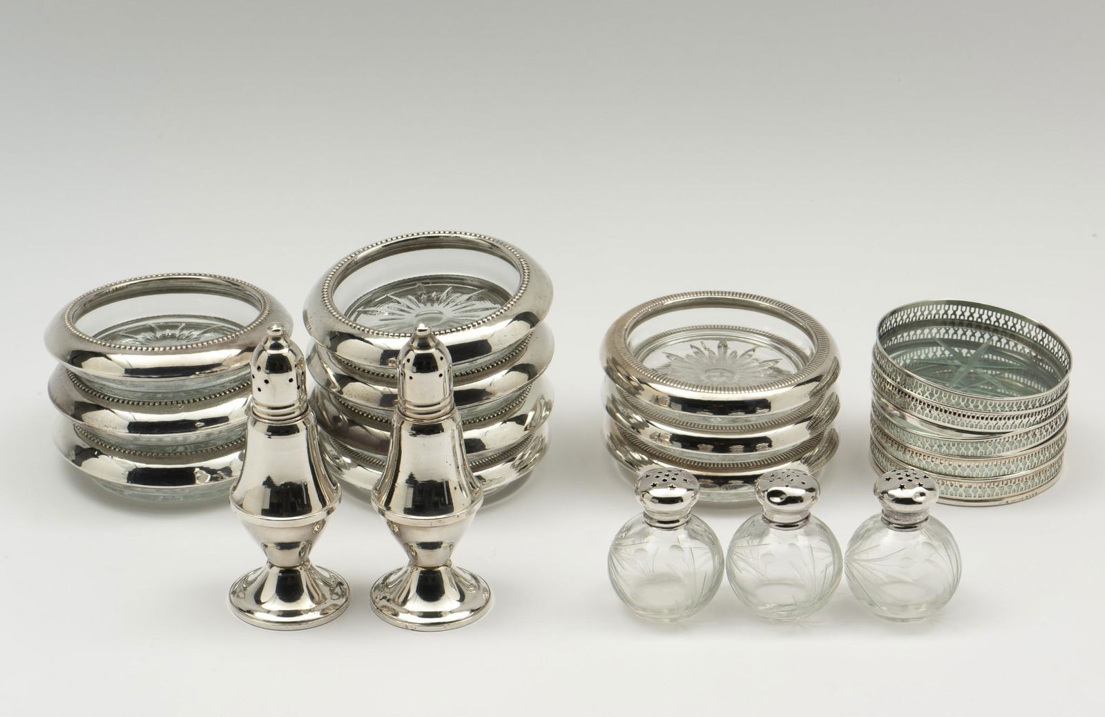 20 Pcs Sterling and Glass Salt & Peppers and Coasters Incl Whiting (1 of 13)