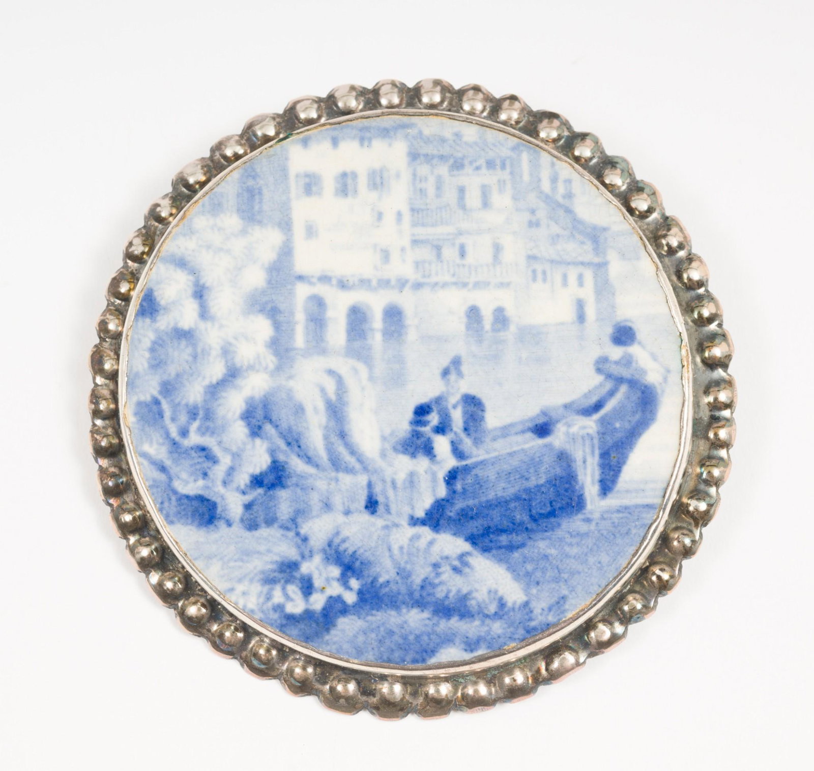 Antique Sterling And Transferware Pendant Brooch: Stamped sterling and signed "Leech". 2-2/3" diameter. AJ/MH IMPORTANT: Before bidding, please read the terms and conditions. When you registered for the auction you agreed to these terms and will
