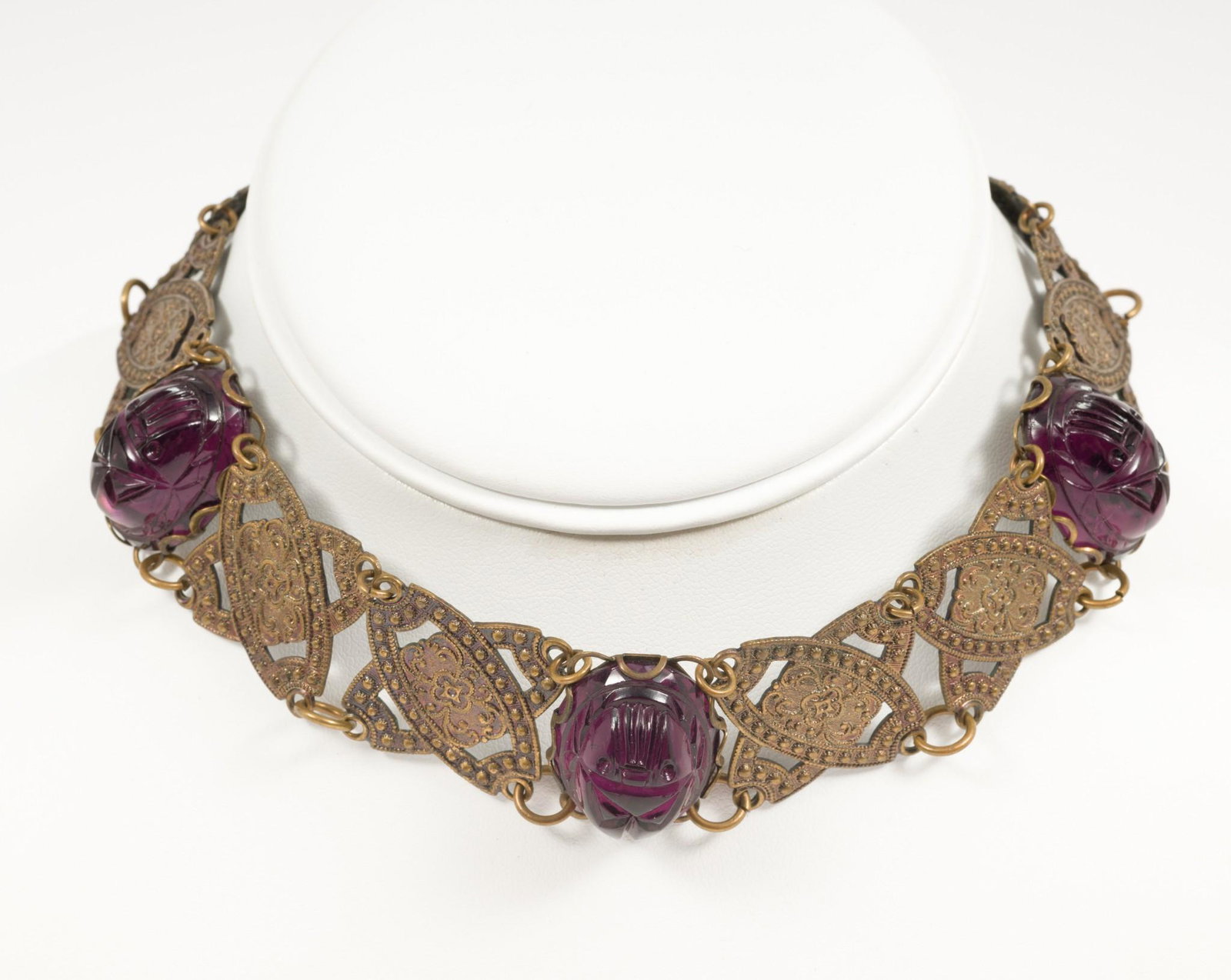 Vintage Purple Glass Scarab Choker: 14" long by 1" wide. AJ/MH IMPORTANT: Before bidding, please read the terms and conditions. When you registered for the auction you agreed to these terms and will be required to comply with them.