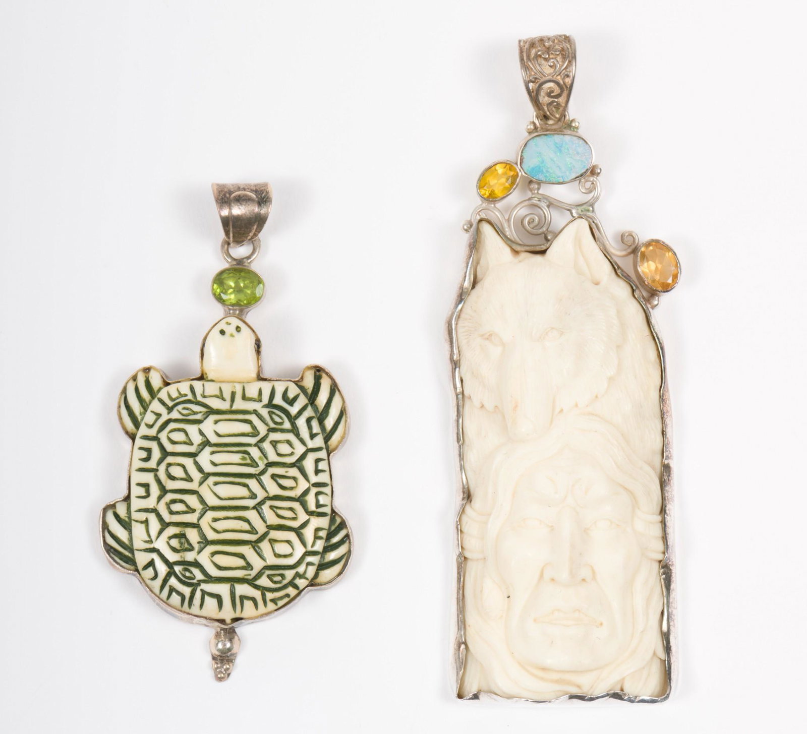 2 Carved Bone, Sterling/Gemstone Necklaces: Both stamped 925. Turtle with peridot 2" long. Wolf with opal doublet and two citrine. 3-1/2" long. AJ/MH/EK. IMPORTANT: Before bidding, please read the terms and conditions. When you registered 