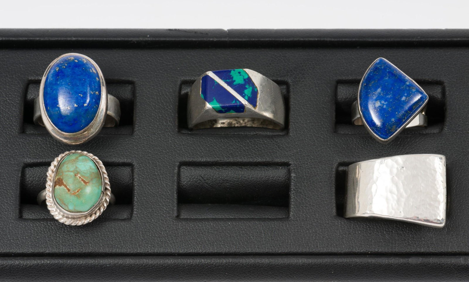 5 Sterling Rings Incl. Turquoise And Sodalite: Sizes 5-10. 3/8" to 3/4" wide. AJ/MH IMPORTANT: Before bidding, please read the terms and conditions. When you registered for the auction you agreed to these terms and will be required to comply