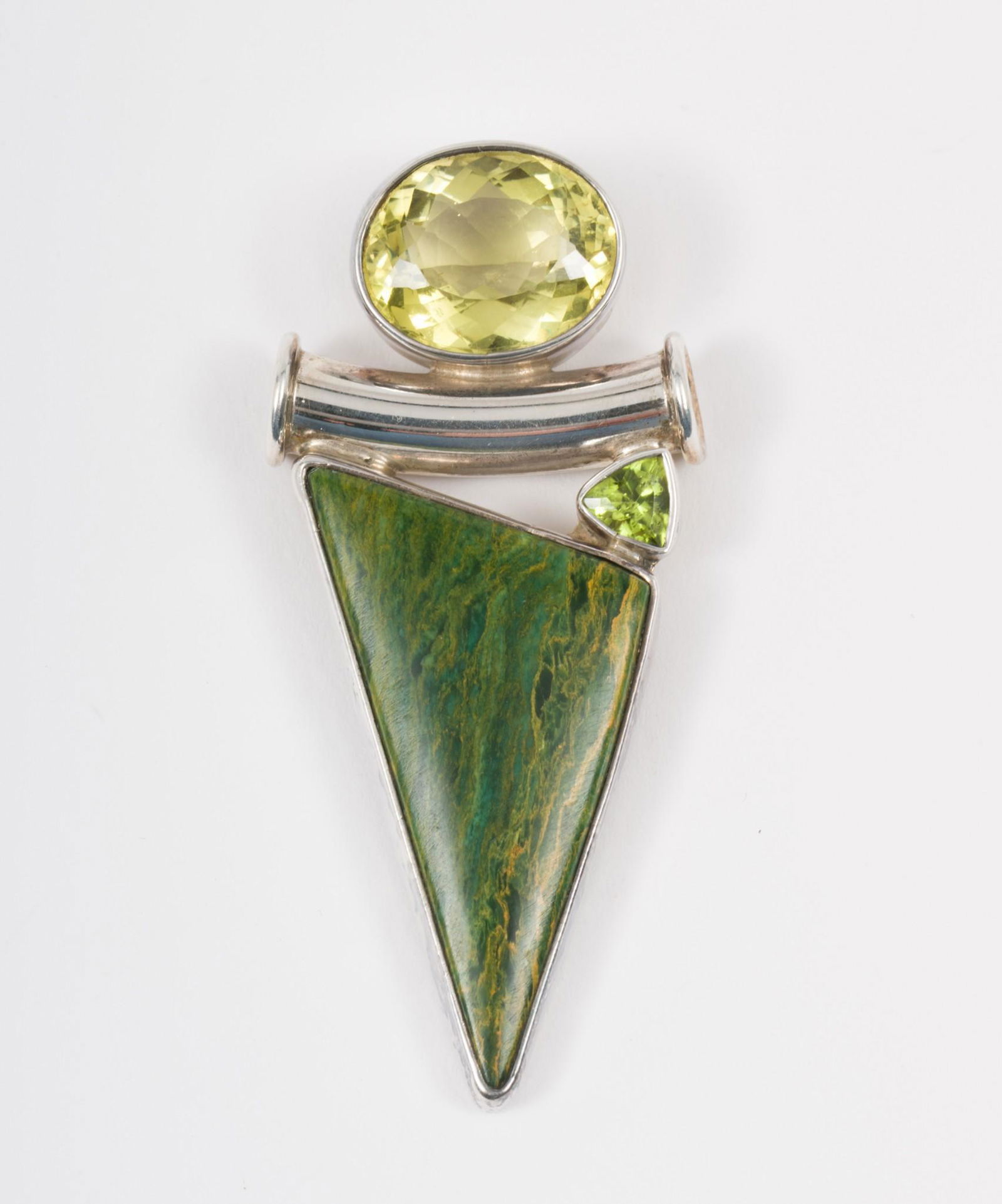 Sterling Peridot And Jasper Pendant: Unmarked. 2-3/8" long. AJ/MH IMPORTANT: Before bidding, please read the terms and conditions. When you registered for the auction you agreed to these terms and will be required to comply with the