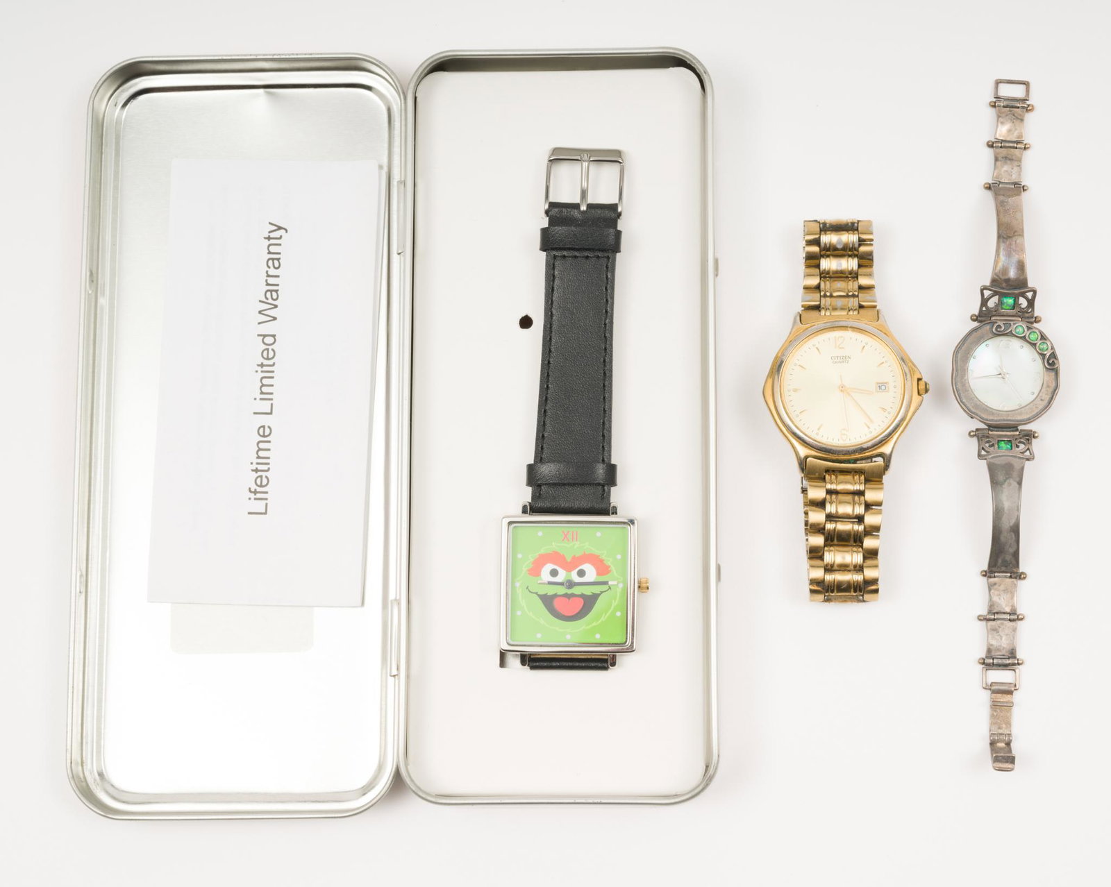 3 Fashion Watches Incl. Citizen: Also Sesame Workshop. Citizen 1-1/2" lug to lug on 7" bracelet. Sesame Workshop 1-1/3" lug to lug on 8" bracelet. AJ/MH IMPORTANT: Before bidding, please read the terms and conditions. When you r