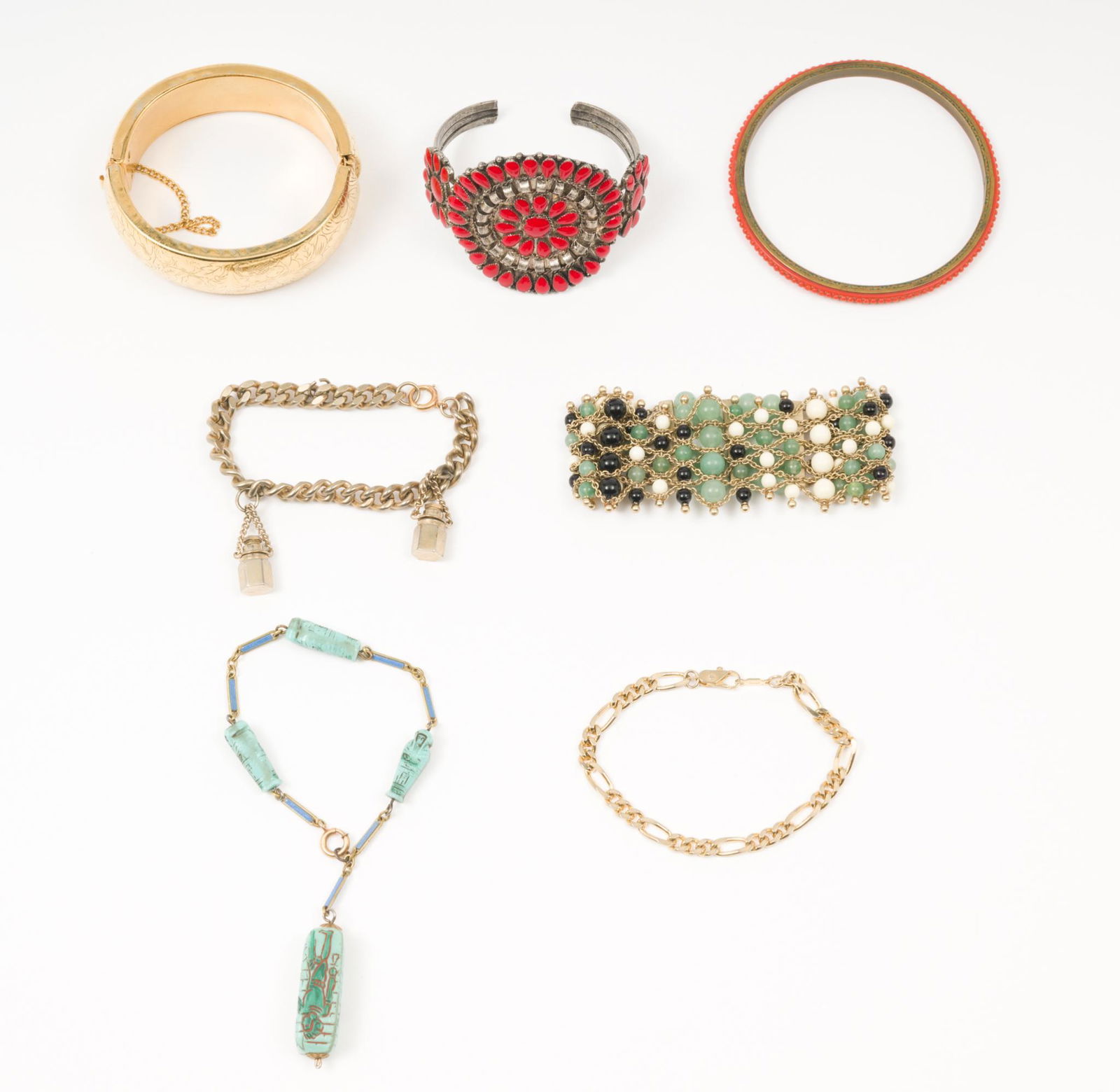 7 Costume Bracelets Inc. Egyptian: Bangles 2" to 2-1/2" interior. Bracelet diameter 5-6" long. AJ/MH IMPORTANT: Before bidding, please read the terms and conditions. When you registered for the auction you agreed to these terms an