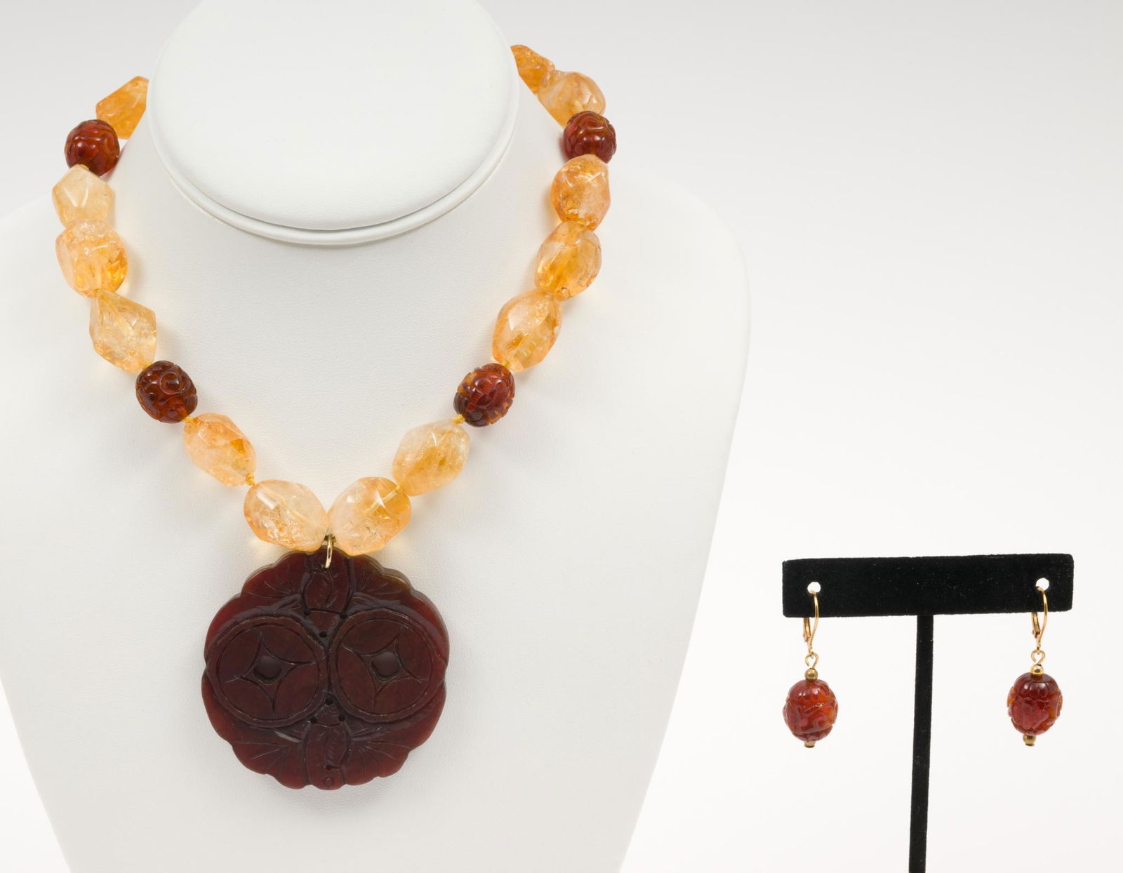 Amber And Carved Stone Necklace And Earrings (1 of 6)