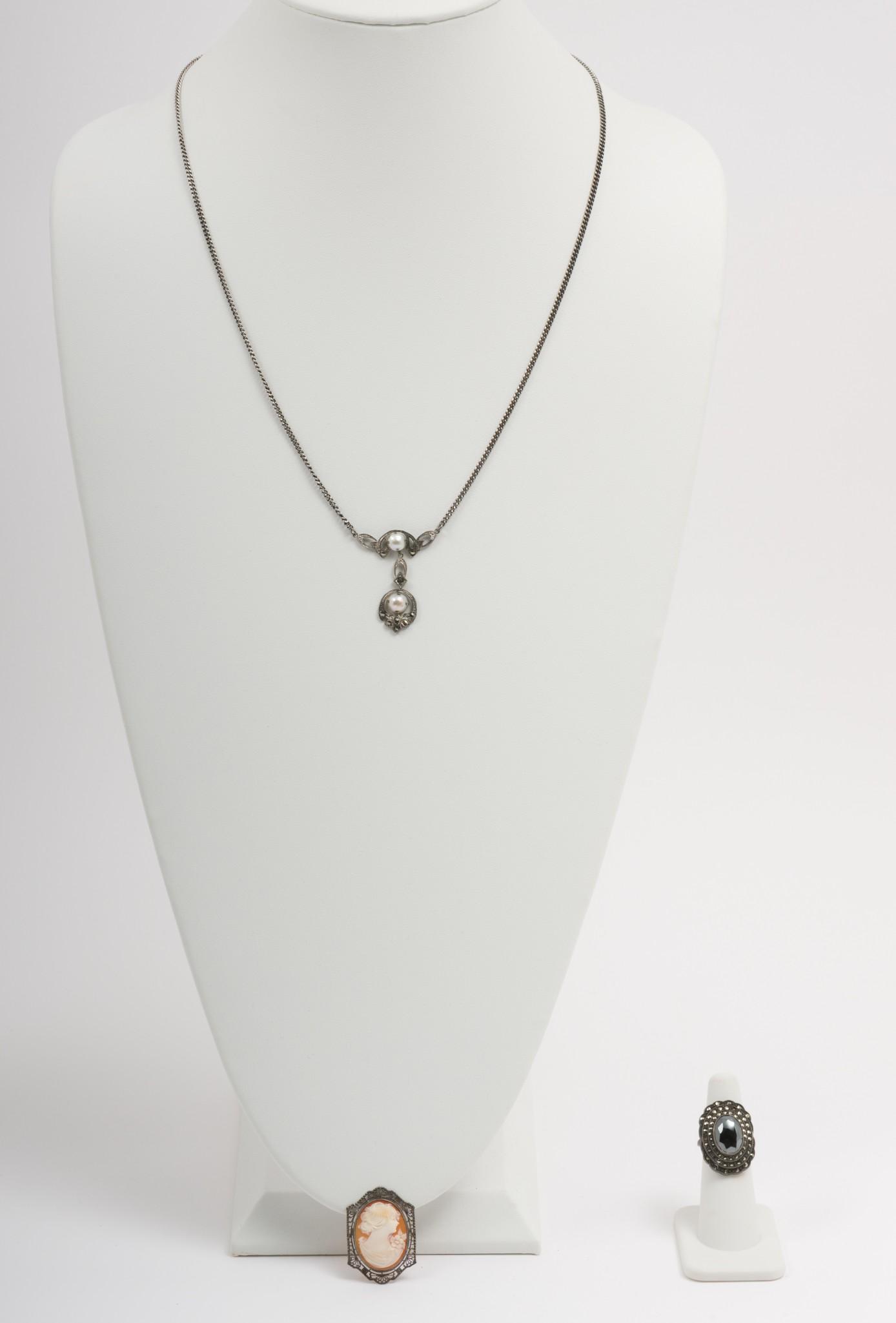Antique Sterling Necklace, Ring, And Shell Cameo Brooch (1 of 9)