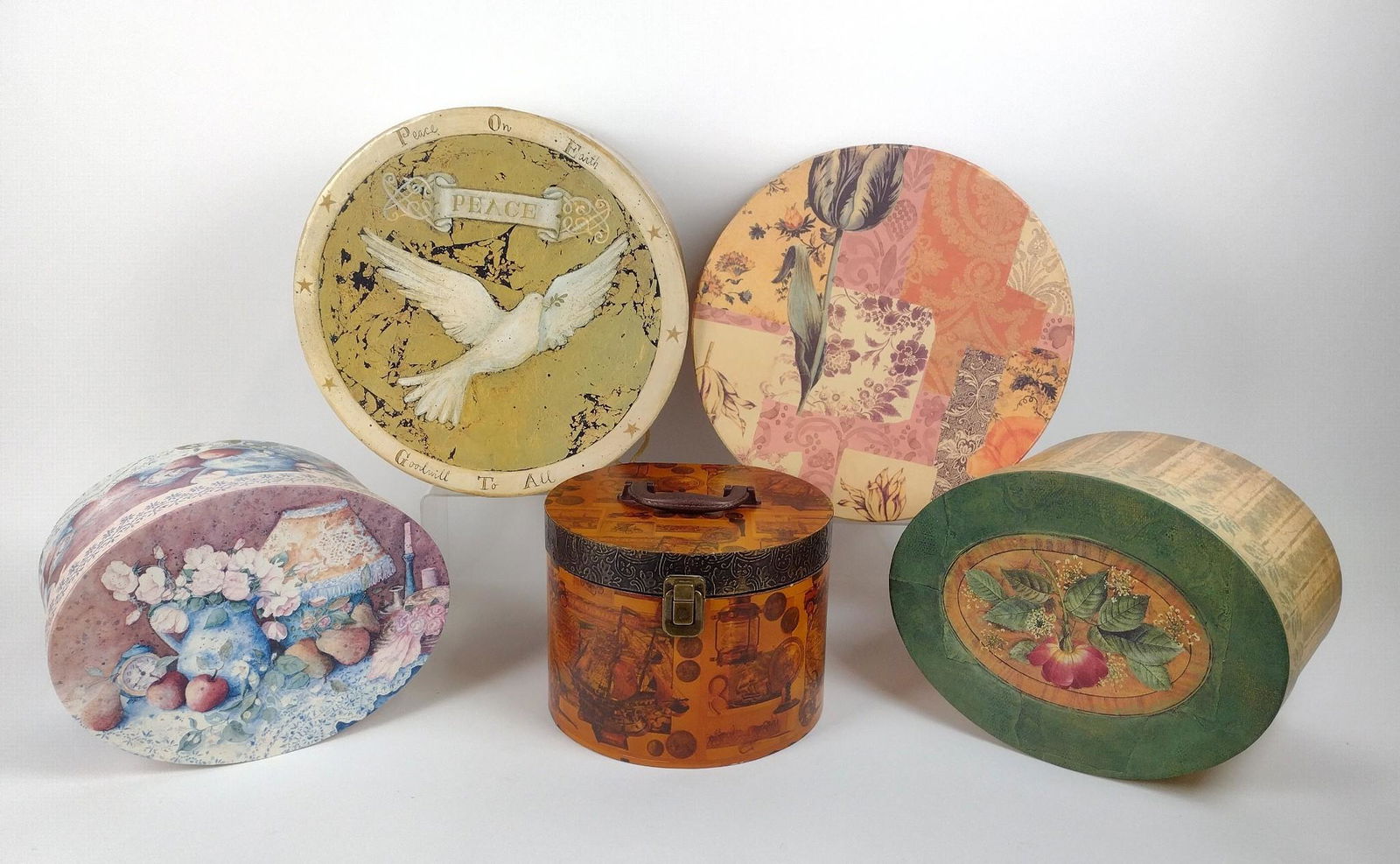 5 Decorative Boxes: 9-3/4" to 14" wide X 6-1/4" to 8" high. MEG IMPORTANT: Before bidding, please read the terms and conditions. When you registered for the auction you agreed to these terms and will be required to compl