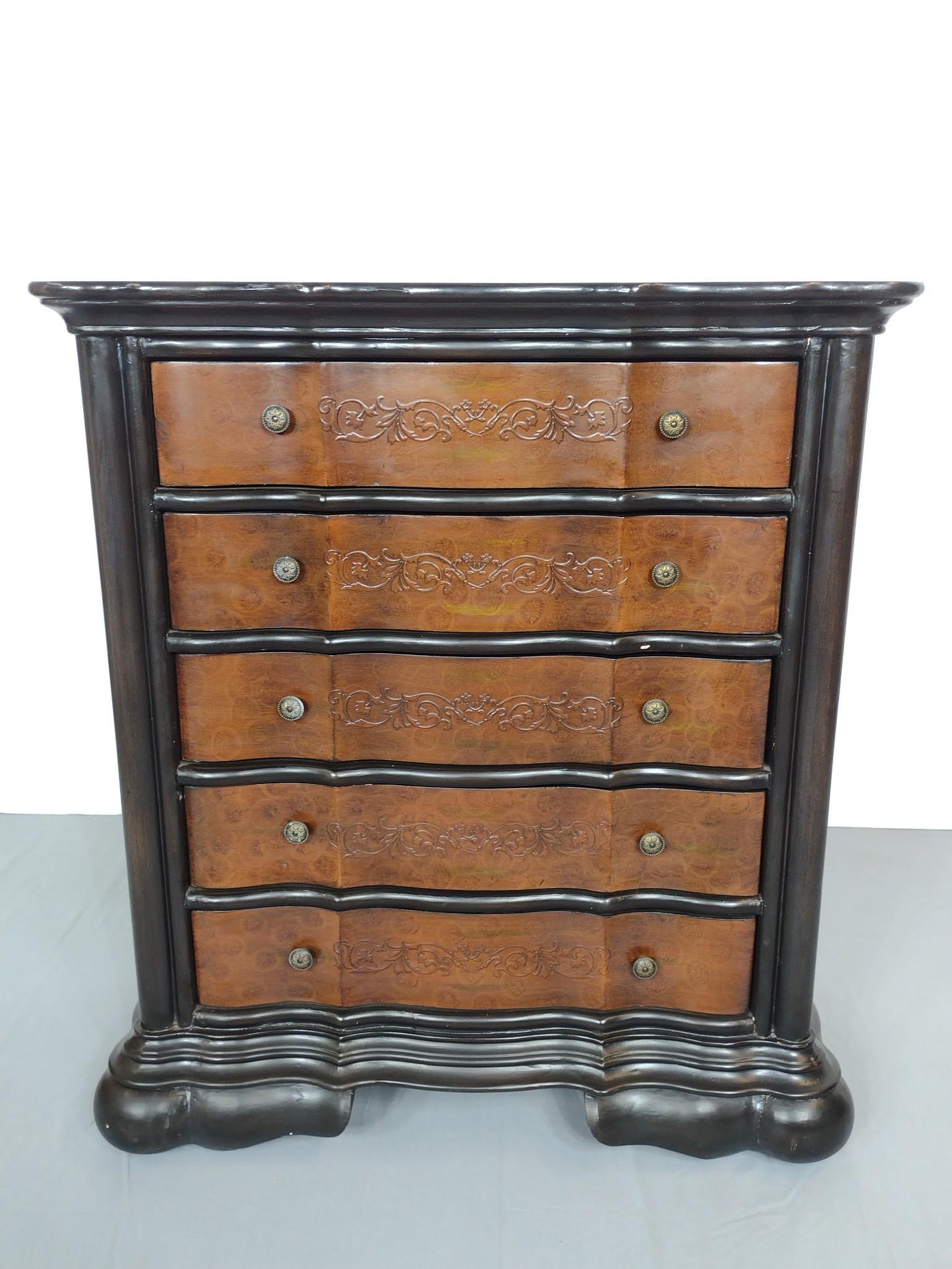 Five Drawer Low Chest: 29" wide X 14" deep X 33" high. Has some light scratches. No manufactures name found. MG. IMPORTANT: Before bidding, please read the terms and conditions. When you registered for the auction you agree