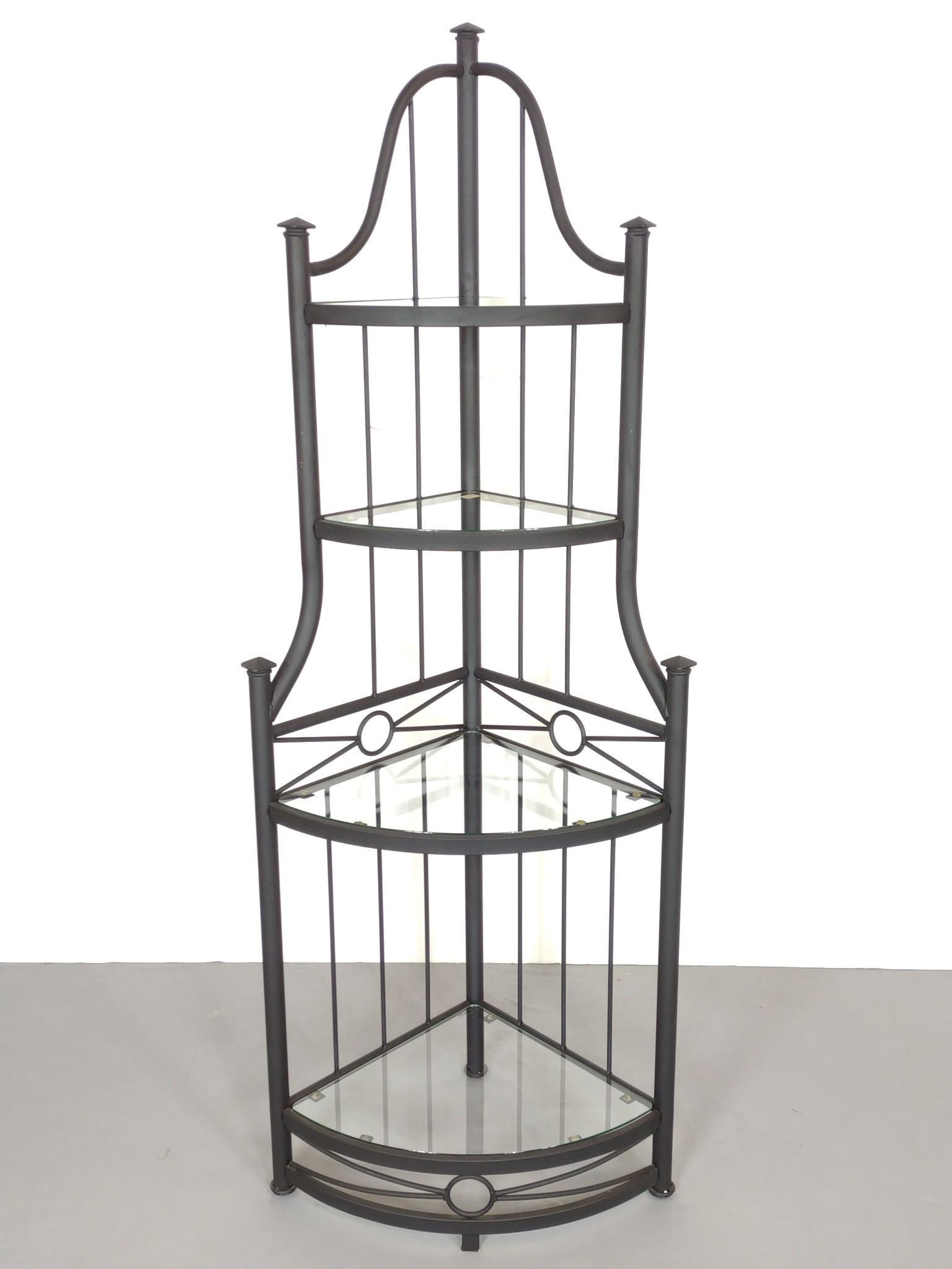 Metal & Glass Corner Shelf: 26" wide X 18-1/2" deep X 69-1/2" high. MG. IMPORTANT: Before bidding, please read the terms and conditions. When you registered for the auction you agreed to these terms and will be required to compl