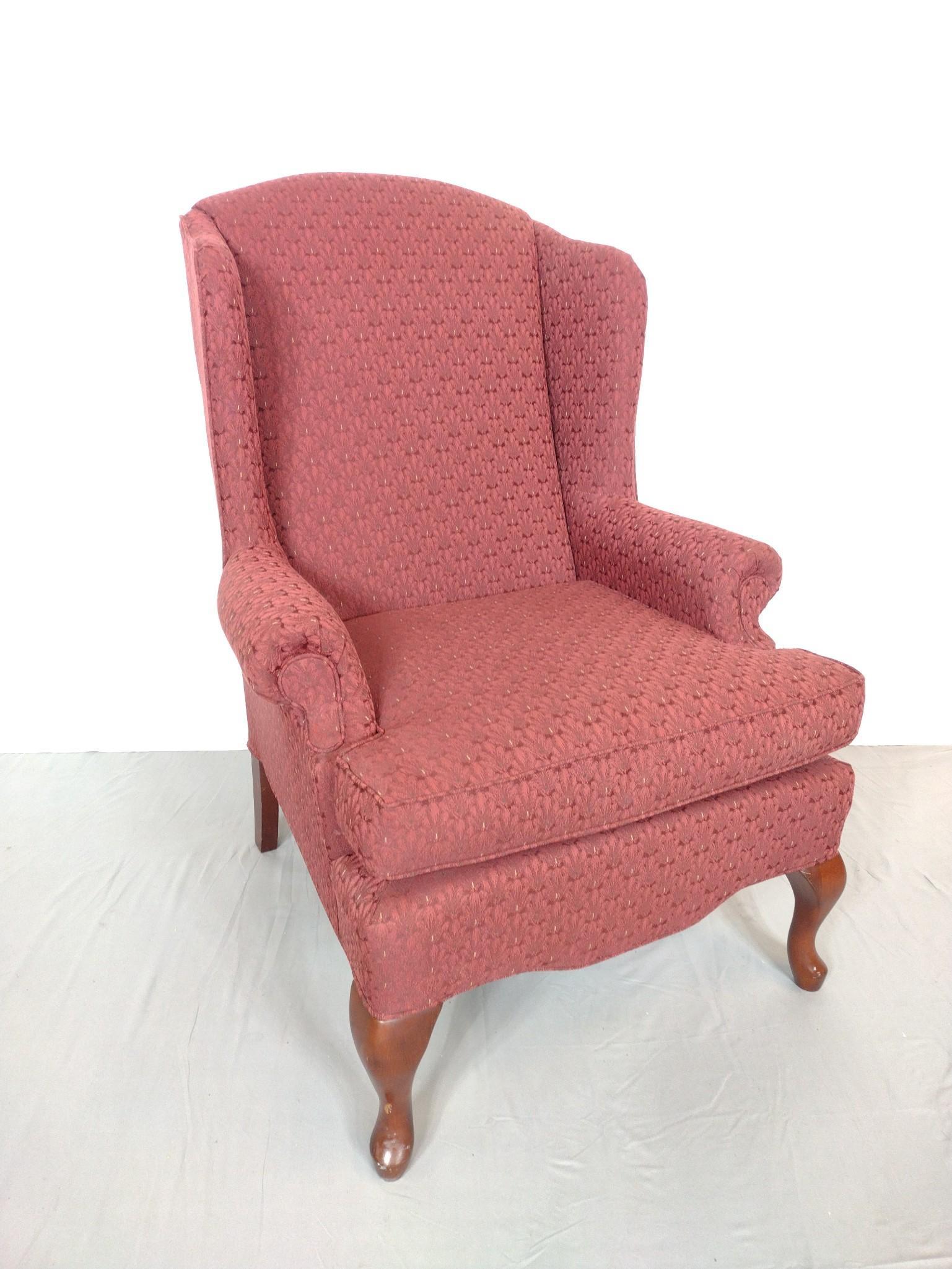 Best Chair Company Wingback Chair: 30" wide X 29" deep X 42" high. Legs have some scratches. MG. IMPORTANT: Before bidding, please read the terms and conditions. When you registered for the auction you agreed to these terms and will be