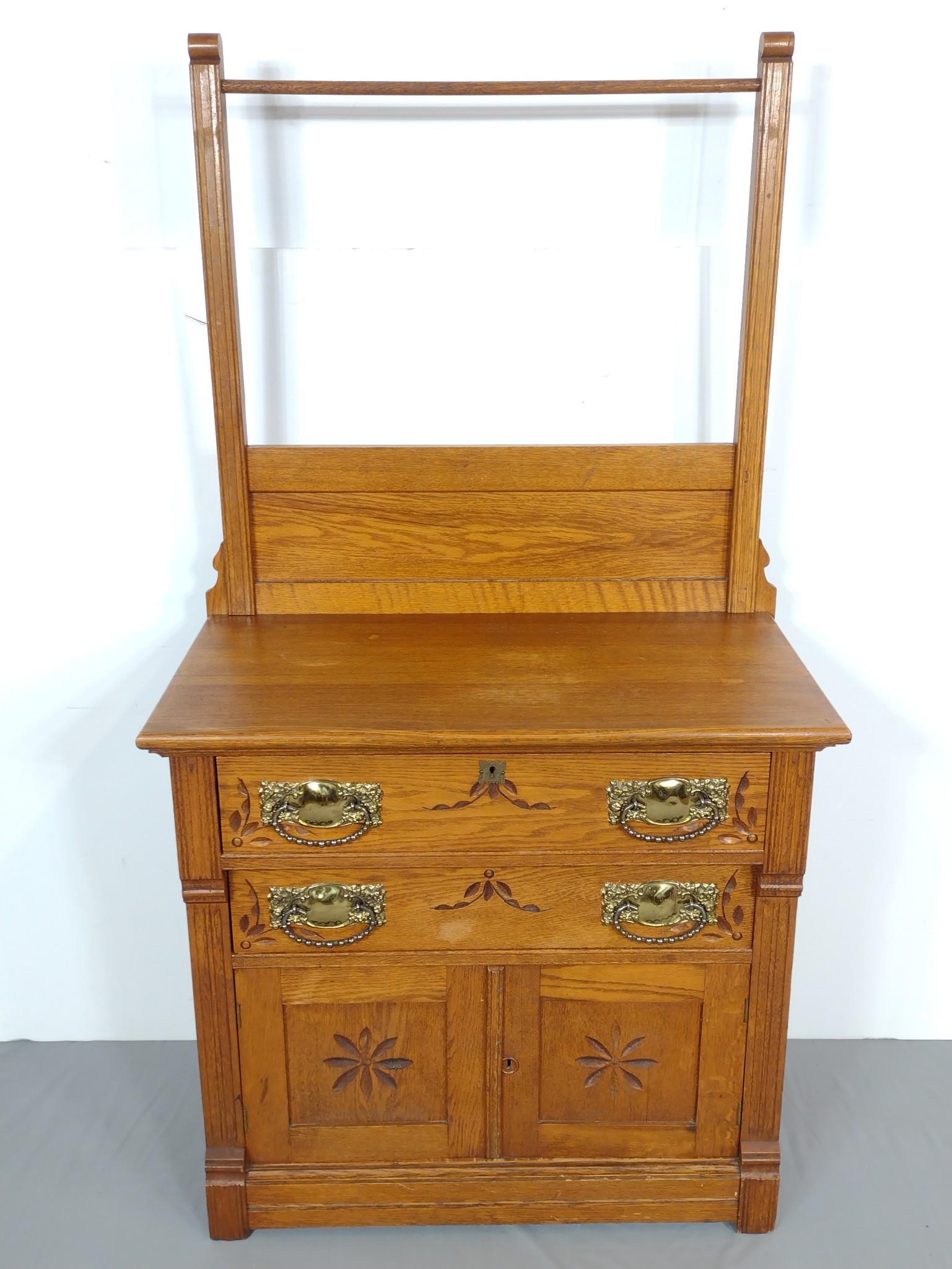 Antique Oak Wash Stand With Towel Rack (1 of 6)