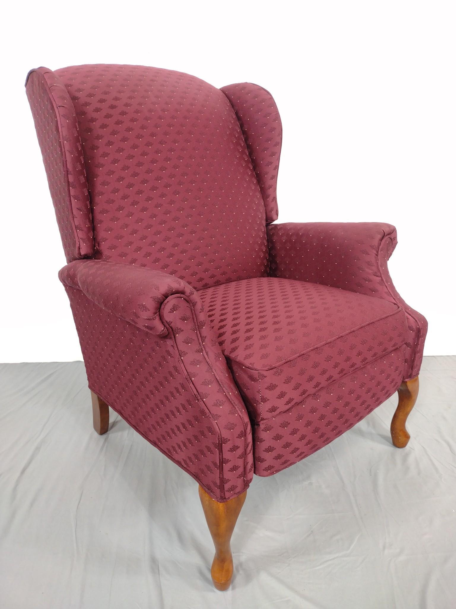 Recliner Wing Back Chair: 33" wide X 31" deep X 41-1/4" high. No manufactures name found. MG. IMPORTANT: Before bidding, please read the terms and conditions. When you registered for the auction you agreed to these terms and w
