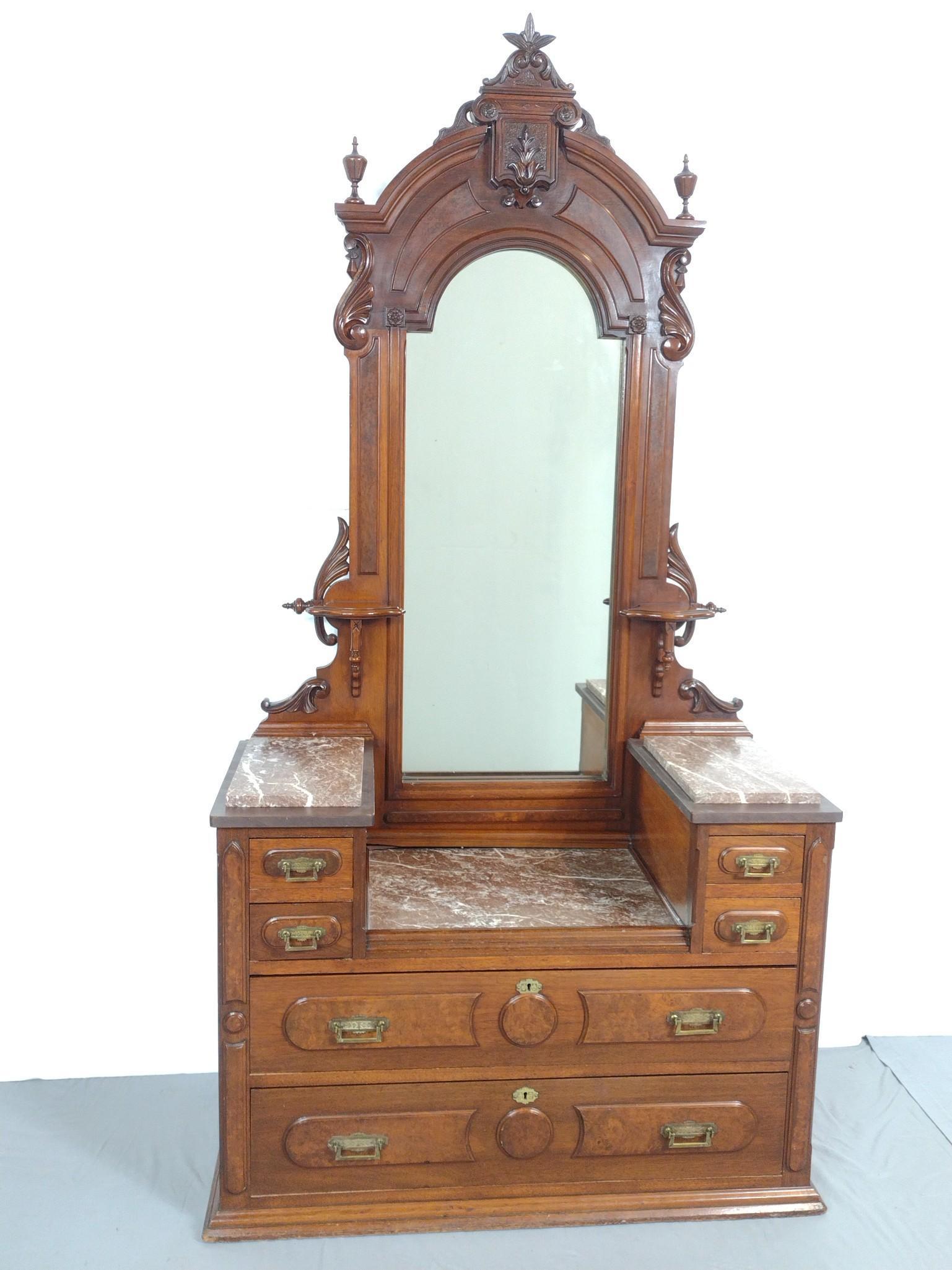 Victorian Marble Top Dresser: 44" wide X 20-1/2" deep X 84-1/2" high. Has some scratches. MG. IMPORTANT: Before bidding, please read the terms and conditions. When you registered for the auction you agreed to these terms and will 