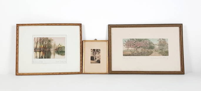 3 Hand Colored Prints incl Wallace Nutting and Fred Thompson: Overall with frame 7-1/2" to 10-3/4" high x 5-1/4" to 15-1/2" wide. LR IMPORTANT: Before bidding, please read the terms and conditions. When you registered for the auction you agreed to these terms an