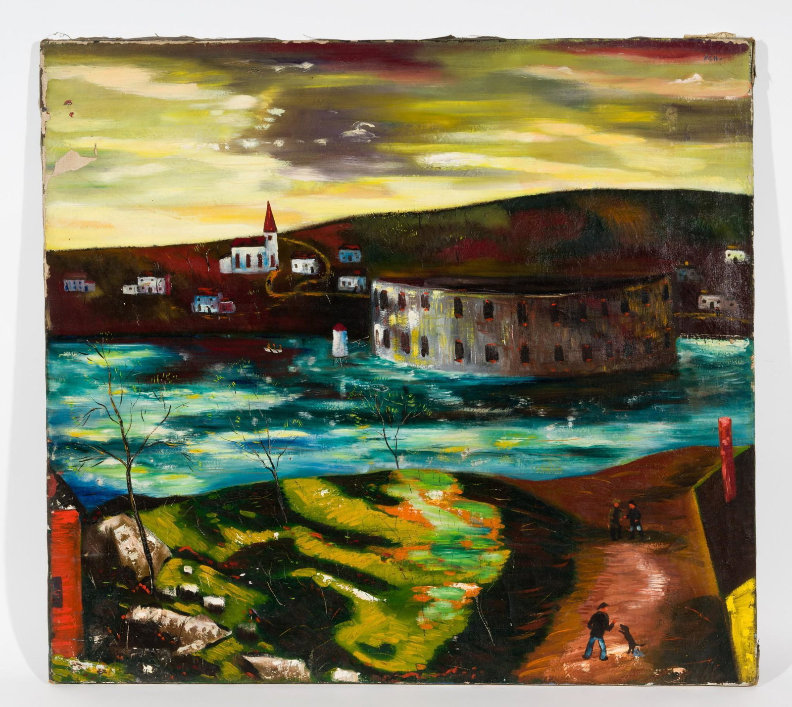 Untitled, Landscape Scene with Church and Man with Dog: DESCRIPTION: Untitled, Landscape Scene with Church and Man with Dog . Revington Arthur (American, 1908-1986). Oil on canvas. Signed upper right. MEASUREMENTS: 36" high x 40" wide. CONDITION: Unframed.