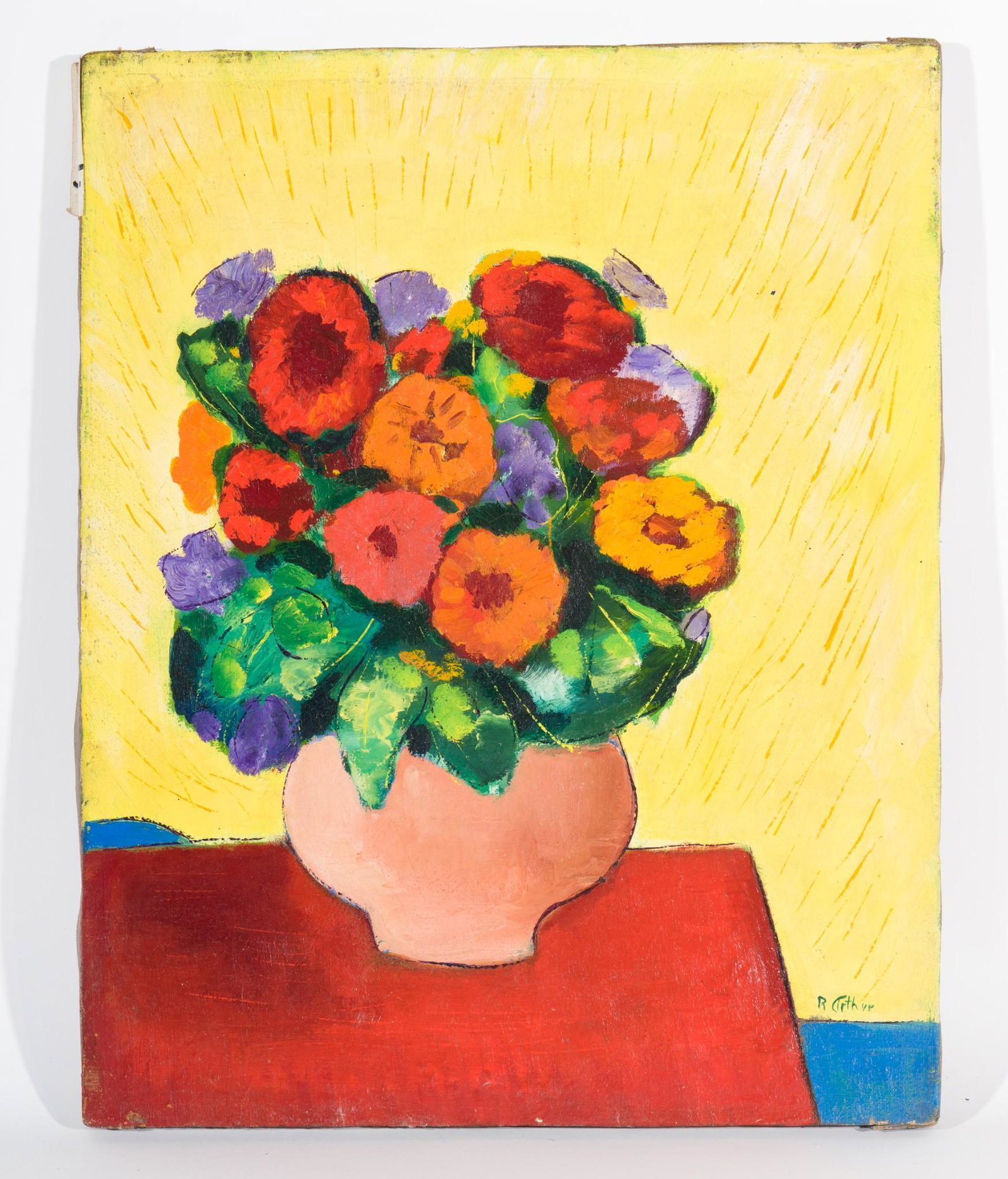 Still Life: DESCRIPTION: "Still Life." Revington Arthur (American, 1908-1986). Oil on canvas. Signed lower right. MEASUREMENTS: 20" high x 16" wide. CONDITION: Unframed. Abrasions to edges and corners. AJ Revingt