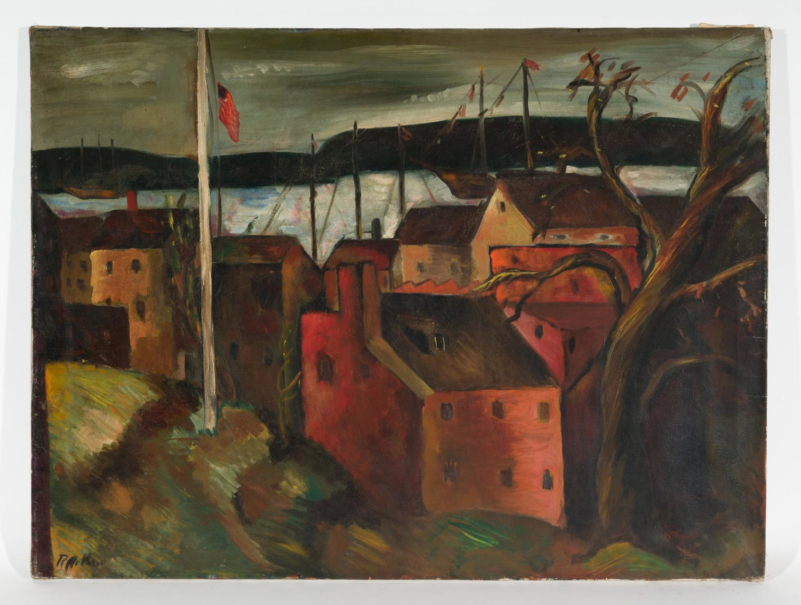 Untitled, Town and Country: DESCRIPTION: Untitled, Town and Country. Revington Arthur (American, 1908-1986). Oil on canvas. Signed lower left. MEASUREMENTS: 30" high by 40" wide. CONDITION: Unframed. AJ Revington Arthur was born