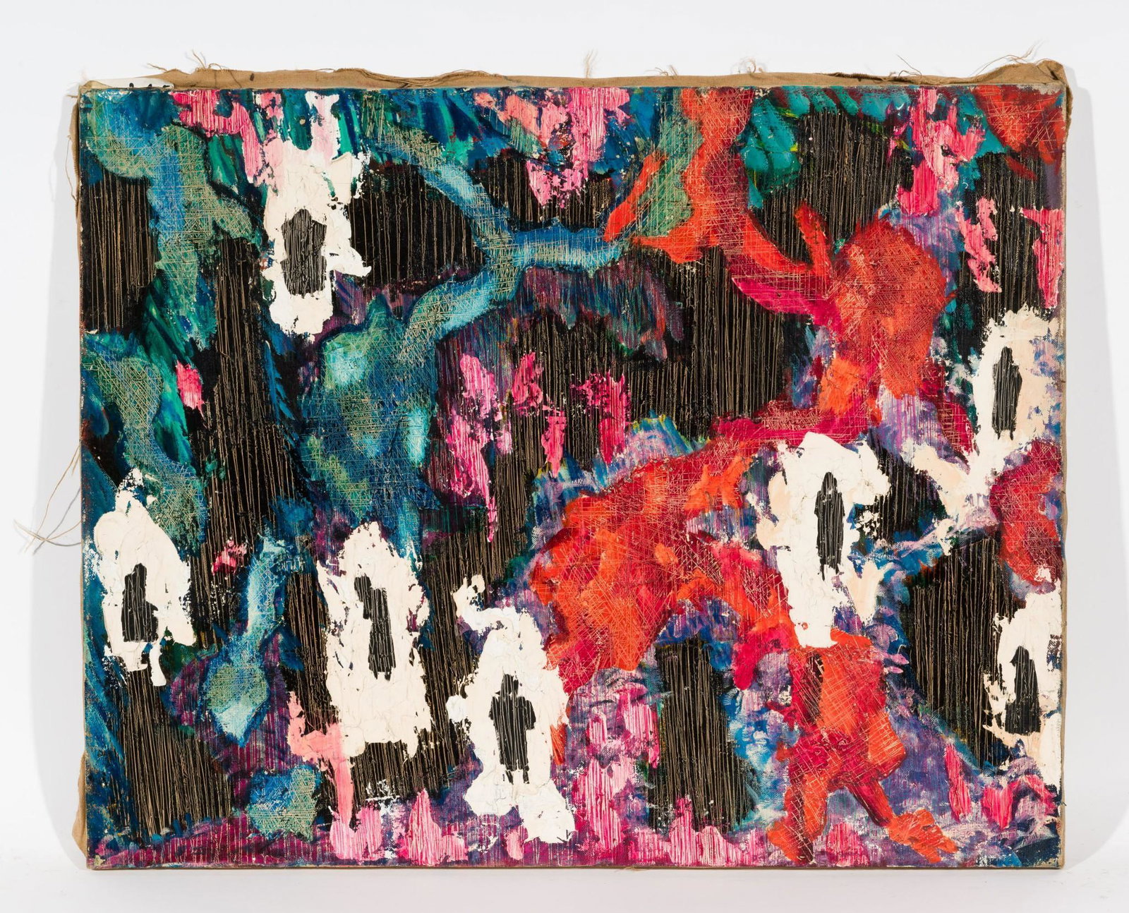 6 Gardens: DESCRIPTION: "6 Gardens". Revington Arthur (American, 1908-1986). Acrylic on canvas. Unsigned. MEASUREMENTS: 24" high x 30" wide. CONDITION: Unframed. Scattered losses to edges. MEG Revington Arthur w