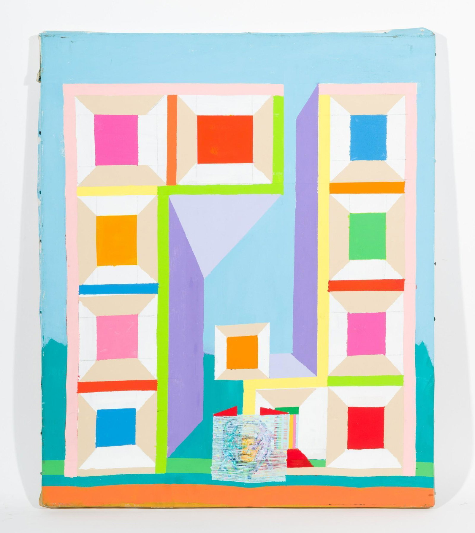 Untitled, Abstract Colorful Cubes: DESCRIPTION: Untitled, Abstract Colorful Cubes. Revington Arthur (American, 1908-1986). Acrylic on canvas. Unsigned. MEASUREMENTS: 30" high x 25" wide. CONDITION: Unframed. Scattered losses to edges. 