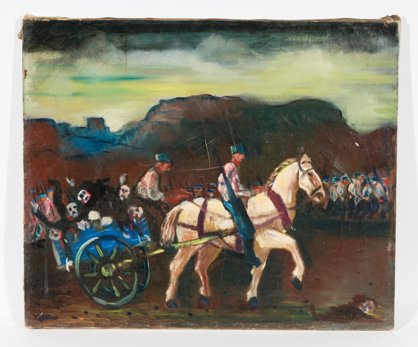 Untitled, Horse Drawn Carriage with Bodies: DESCRIPTION: Untitled, Horse Drawn Carriage with Bodies . Revington Arthur (American, 1908-1986). Oil on canvas. Signed lower left. MEASUREMENTS: 25" high x 30" wide. CONDITION: Unframed. Craquelure a