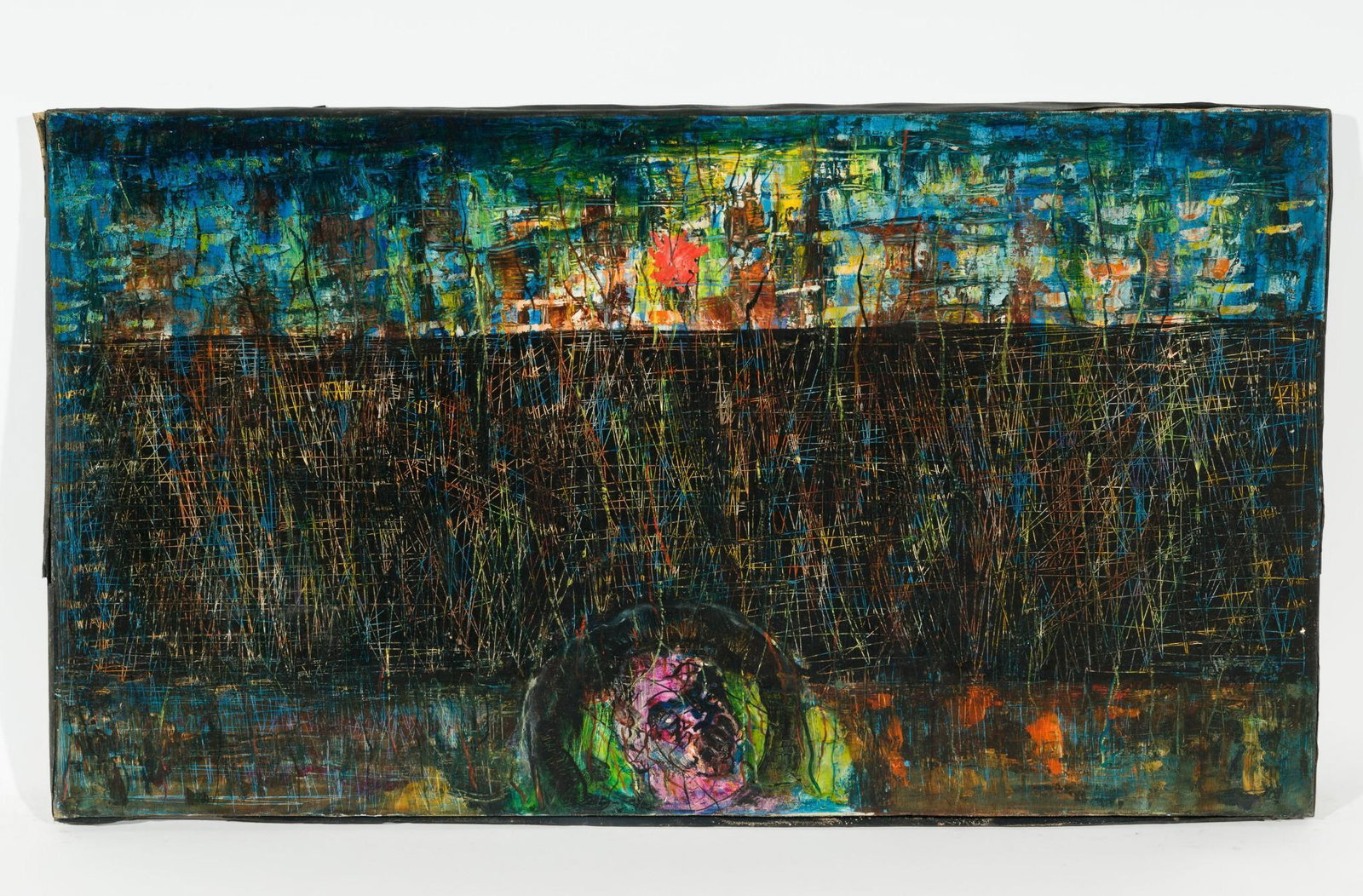 The Wall: DESCRIPTION: "The Wall". Revington Arthur (American, 1908-1986). Acrylic on canvas. Unsigned. MEASUREMENTS: 20" high x 36" wide . CONDITION: Unframed. Scattered losses to edges. MEG Revington Arthur w