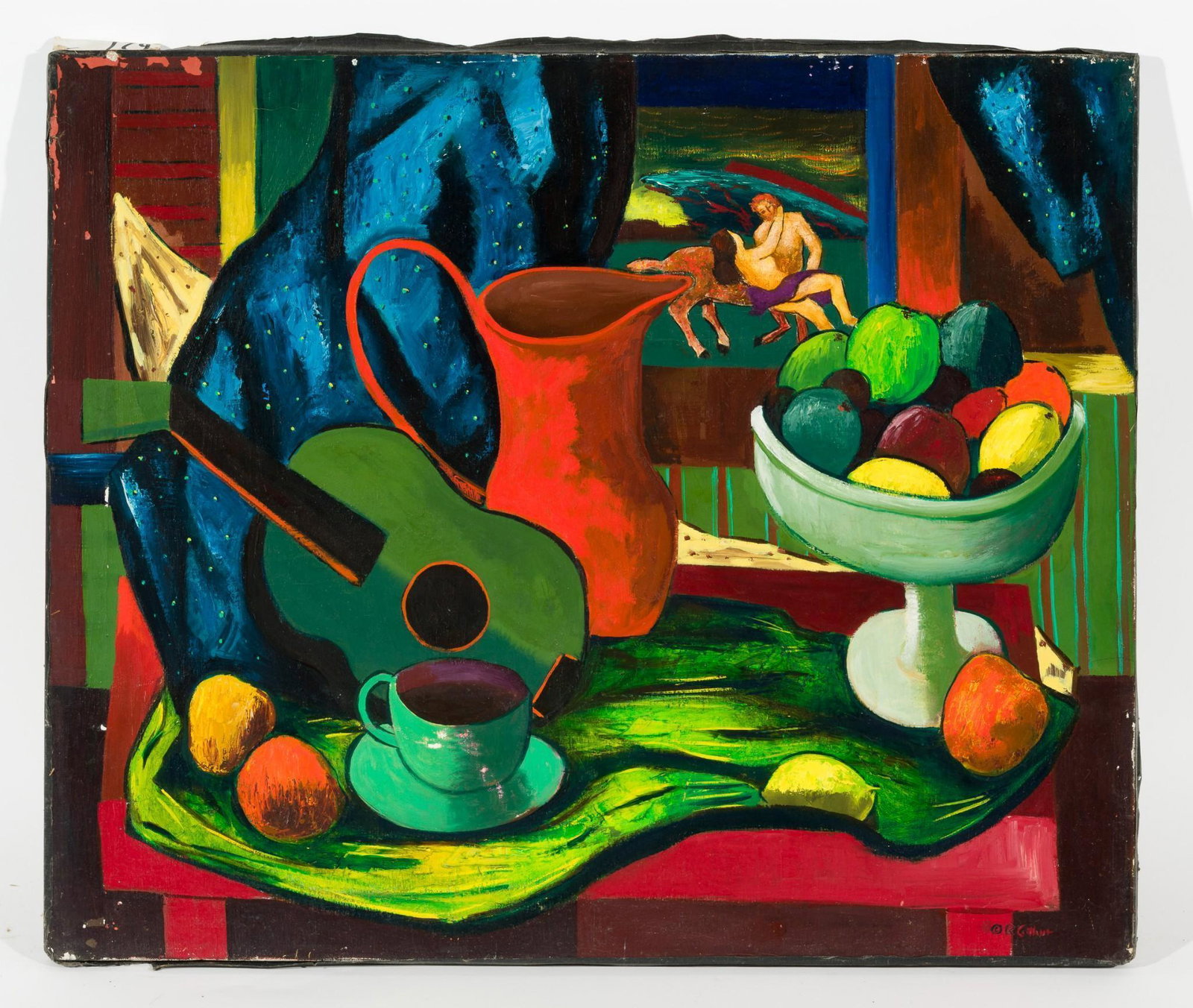 Still Life with Mythological Couple, 1949: DESCRIPTION: "Still Life with Mythological Couple", 1949. Revington Arthur (American, 1908-1986). Oil on canvas. Signed lower right . MEASUREMENTS: 25" high x 30" wide . CONDITION: Unframed. Paint los