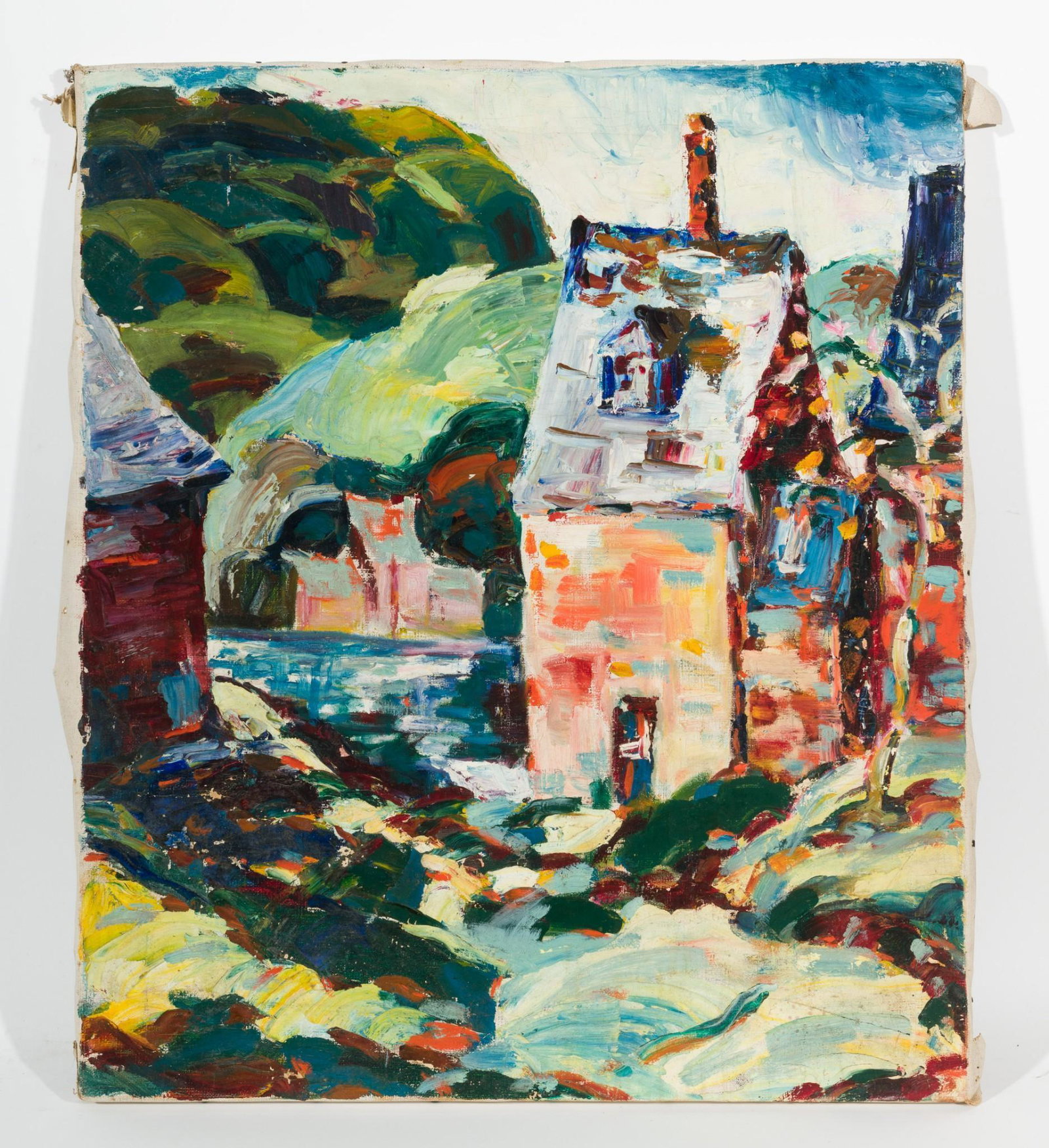 Eastport, ME, c. 1928-29: DESCRIPTION: "Eastport, ME", c. 1928-29. Revington Arthur (American, 1908-1986). Oil on canvas. Unsigned. MEASUREMENTS: 20" high x 24" wide. CONDITION: Unframed. Scattered losses around the edges. MEG
