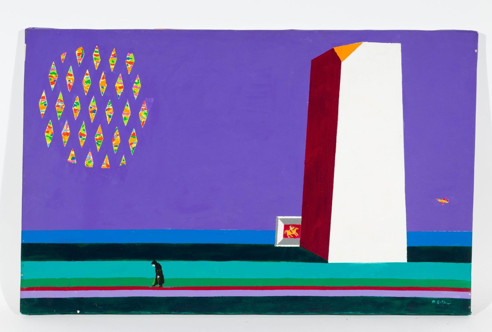 Senior Citizen, 1976: DESCRIPTION: "Senior Citizen", 1976. Revington Arthur (American, 1908-1986). Acrylic on canvas. Signed lower right. MEASUREMENTS: 25" high x 40" wide . CONDITION: Unframed. Scattered losses around edg