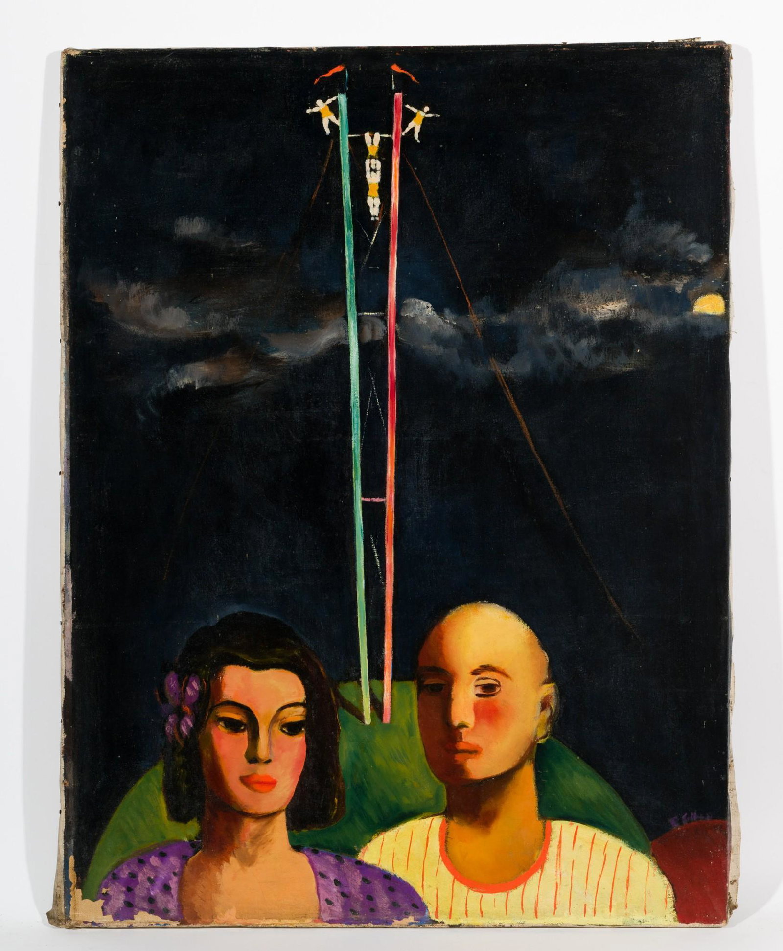 Circus Performers Before a Trapeze: DESCRIPTION: "Circus Performers Before a Trapeze". Revington Arthur (American, 1908-1986). Oil on canvas. Signed lower right. MEASUREMENTS: 40" high x 30" wide. CONDITION: Unframed. Paint loss to bott