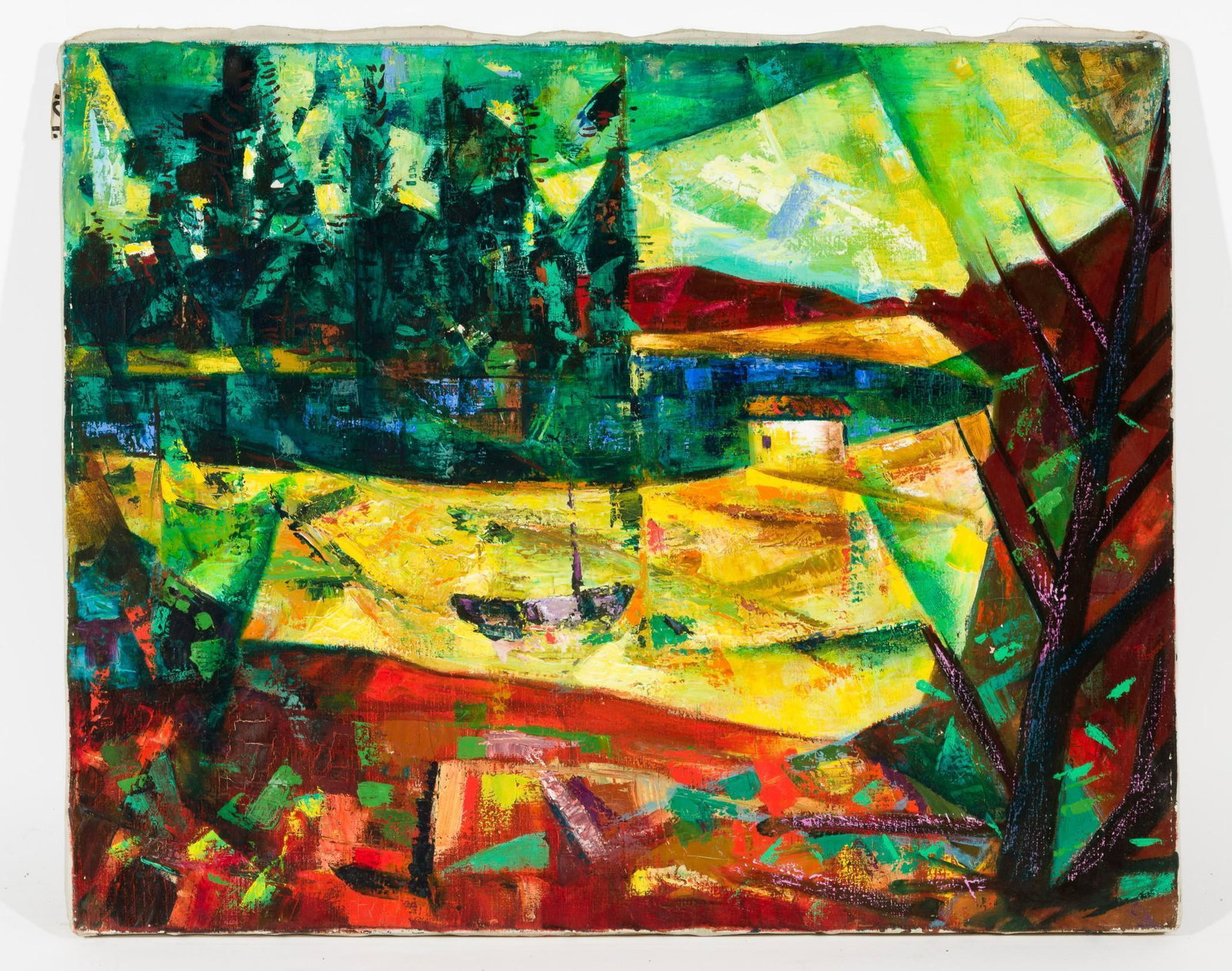 The Inlet, 1948: DESCRIPTION: "The Inlet", 1948. Revington Arthur (American, 1908-1986). 1948. Oil on canvas. Unsigned. MEASUREMENTS: 25" high x 30" wide. CONDITION: Unframed. Scattered losses to edges. MEG Revington 