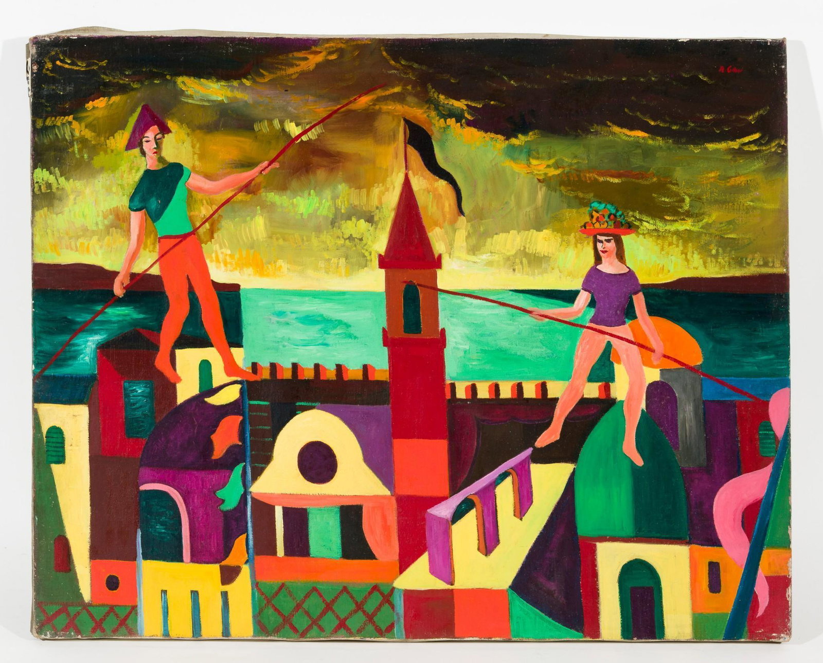 Cubist Landscape: DESCRIPTION: "Cubist Landscape". Revington Arthur (American, 1908-1986). Oil on canvas. Signed upper right. MEASUREMENTS: 25" high x 30" wide. CONDITION: Unframed. Scattered losses to edges. MEG Revin