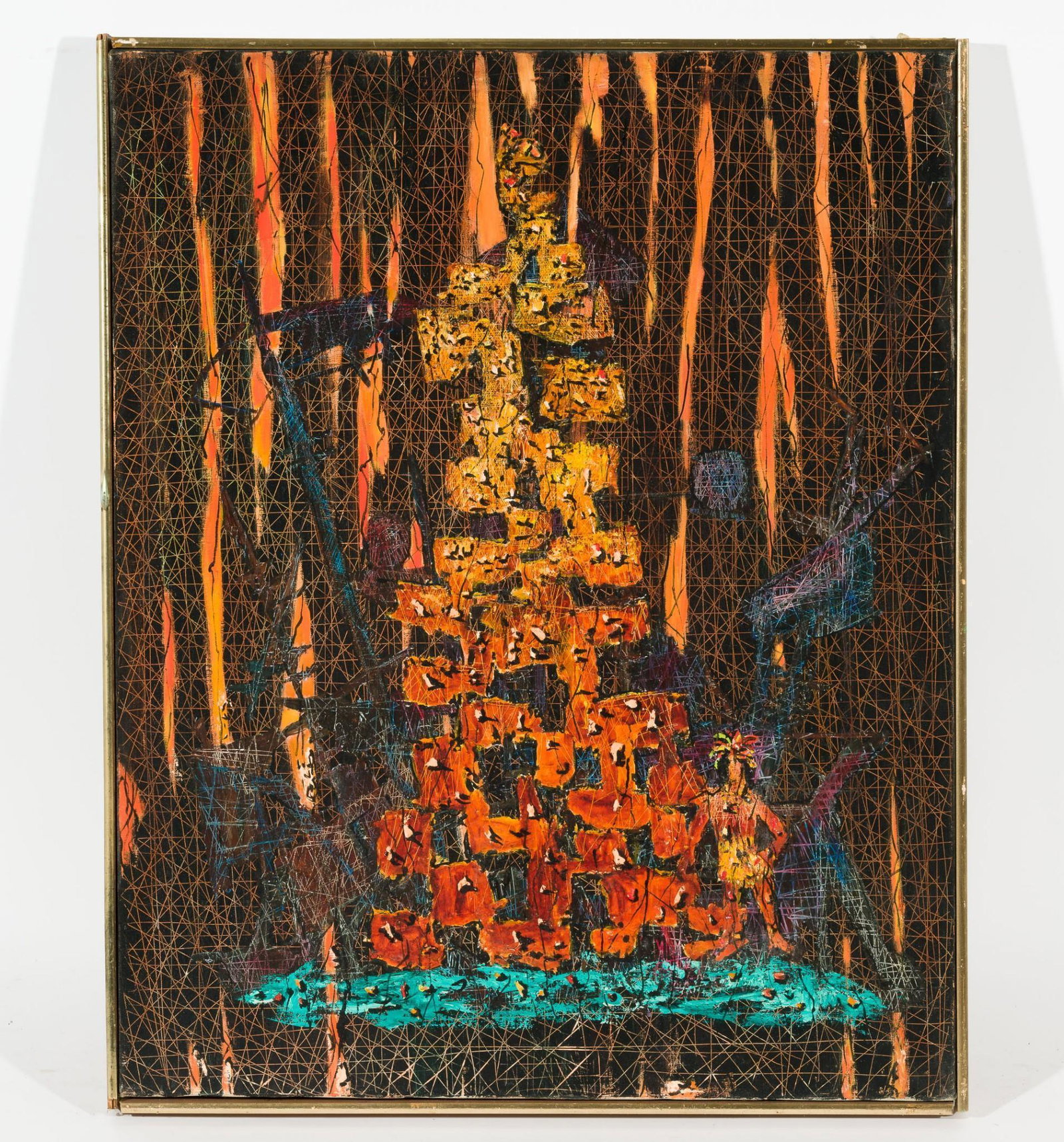 Indian and the Gold Tree, c. 1962: DESCRIPTION: "Indian and the Gold Tree", c. 1962. Revington Arthur (American, 1908-1986). Oil on canvas. Unsigned. MEASUREMENTS: 30" high x 24" wide. CONDITION: Unframed. Scattered losses to edges. ME