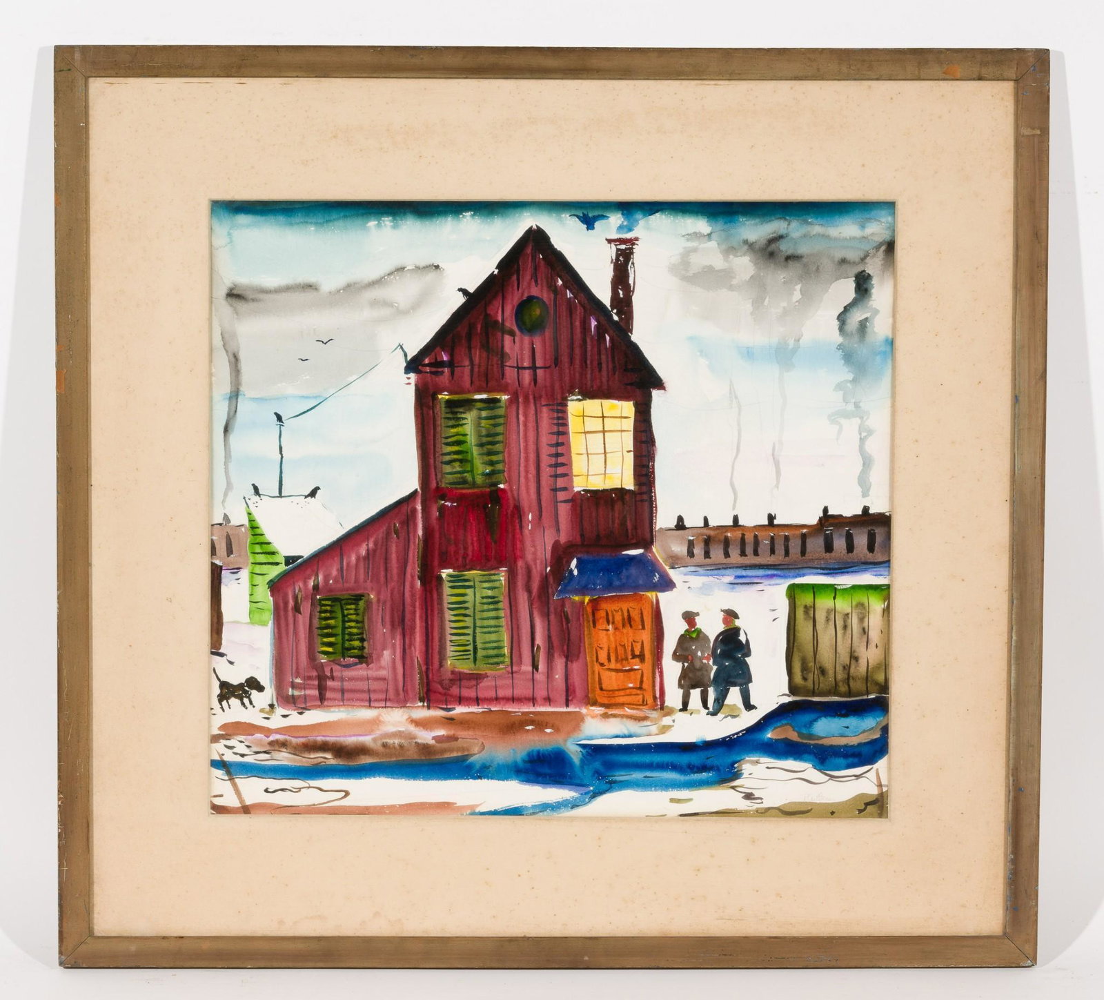 Factory Entrance 1936: DESCRIPTION: "Factory Entrance" 1936. Revington Arthur (American, 1908-1986). Watercolor on canvas. Unsigned. Exhibited: Farnsworth Museum, 1952. MEASUREMENTS: 20" high x 22" wide . CONDITION: Framed.